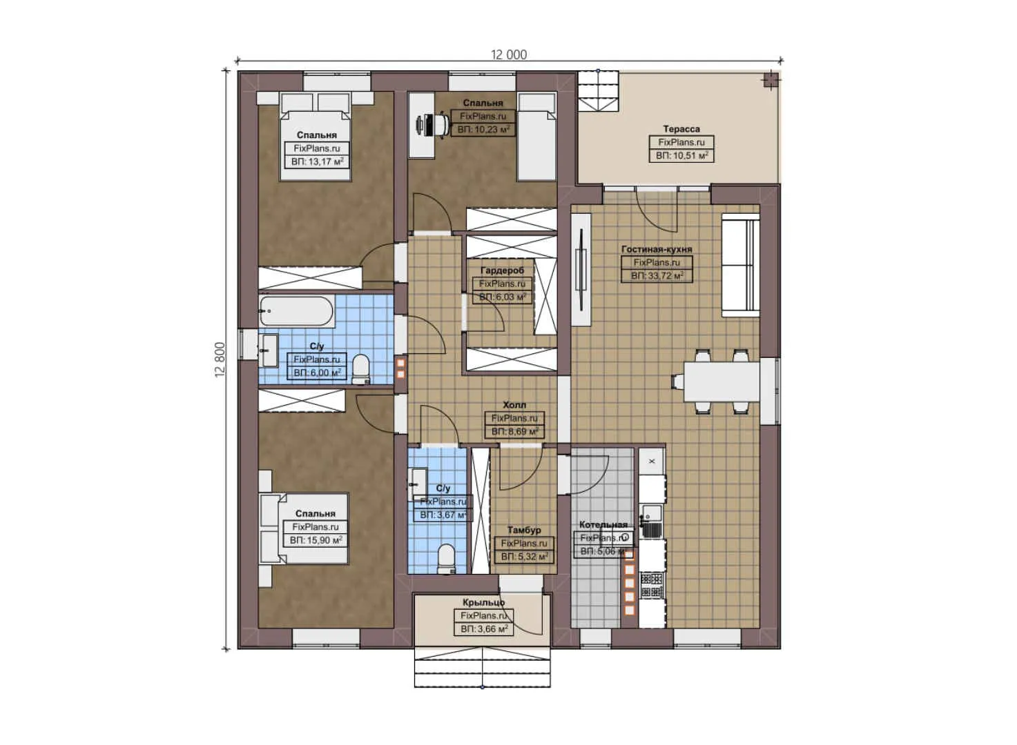 F-4535 - План одноэтажного дома 12 на 13, площадью 130 м² с террасой и 3 спальнями