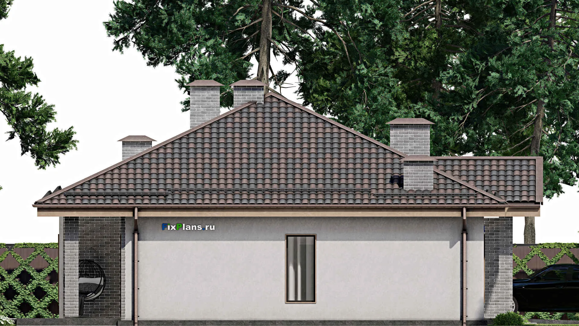 F-7136 - Проект одноэтажного дома 15 на 22, площадью 220 м² с террасой, баней, гаражом на 2 машины и 3 спальнями