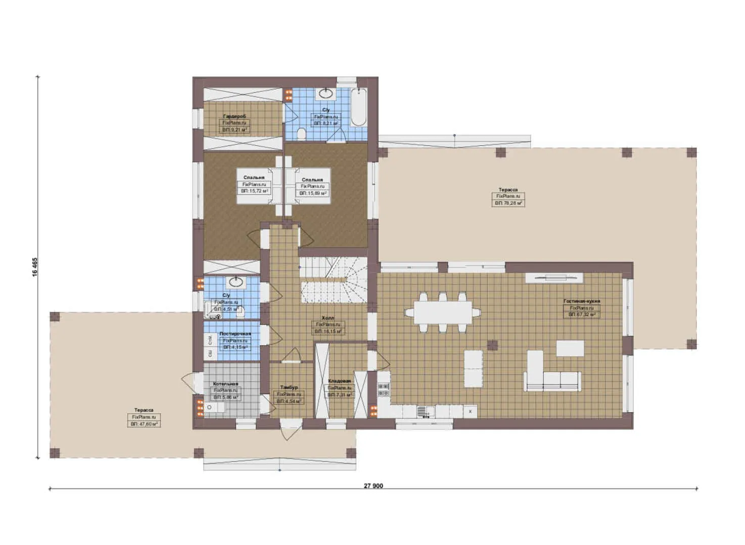 F-16514 - Планы дома с мансардой 17 на 28, площадью 410 м² с 6 спальнями