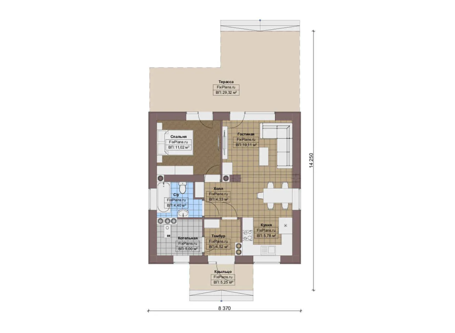 F-16442 - План одноэтажного дома 9 на 15, площадью 90 м² с террасой и 1 спальнями