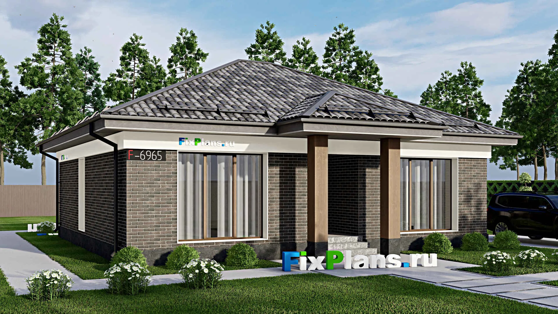 F-6965 - Проект одноэтажного дома 11 на 13, площадью 130 м² с террасой и 2 спальнями