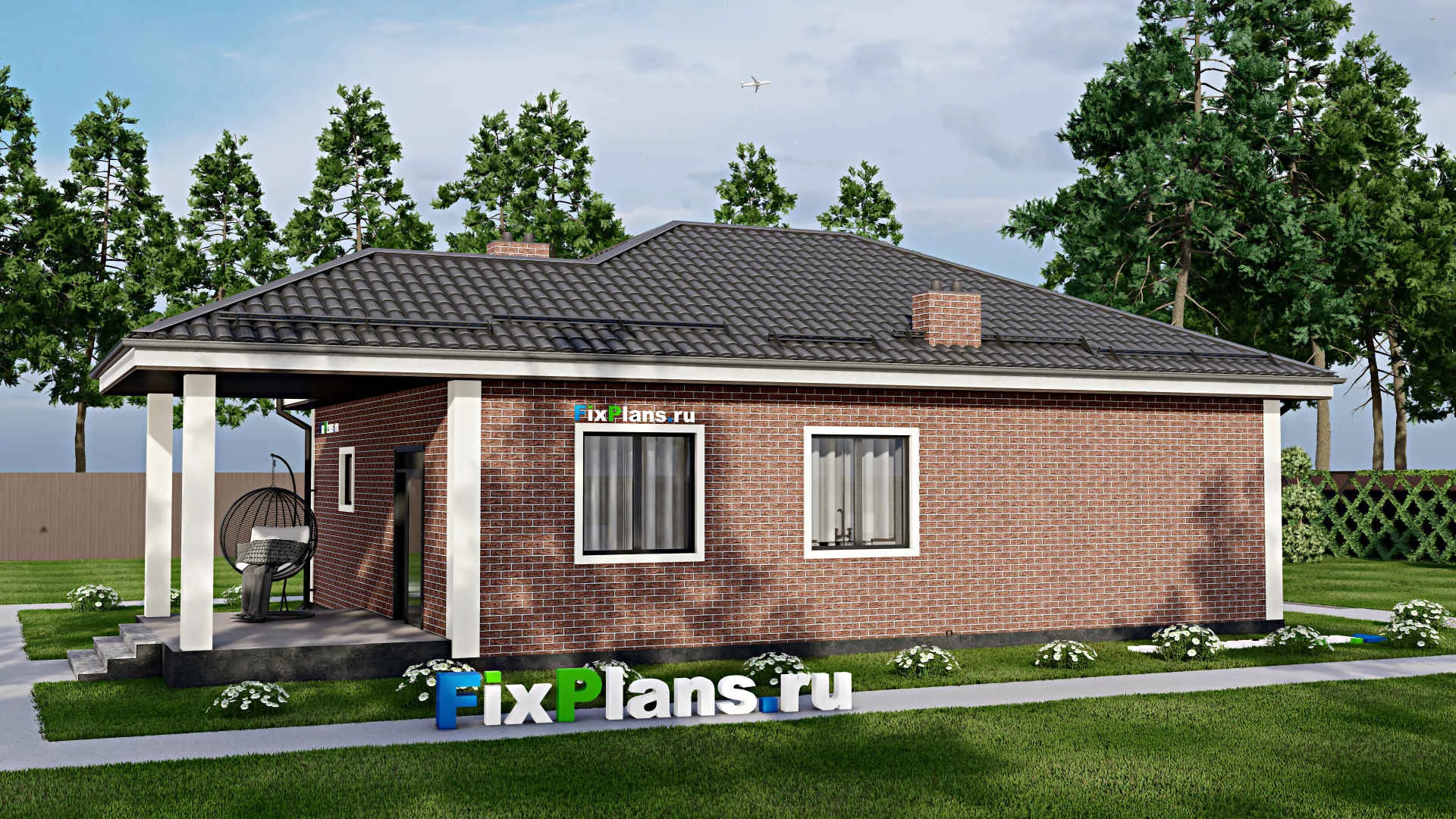 F-4445 - Проект одноэтажного дома 10 на 13, площадью 110 м² с террасой и 3 спальнями