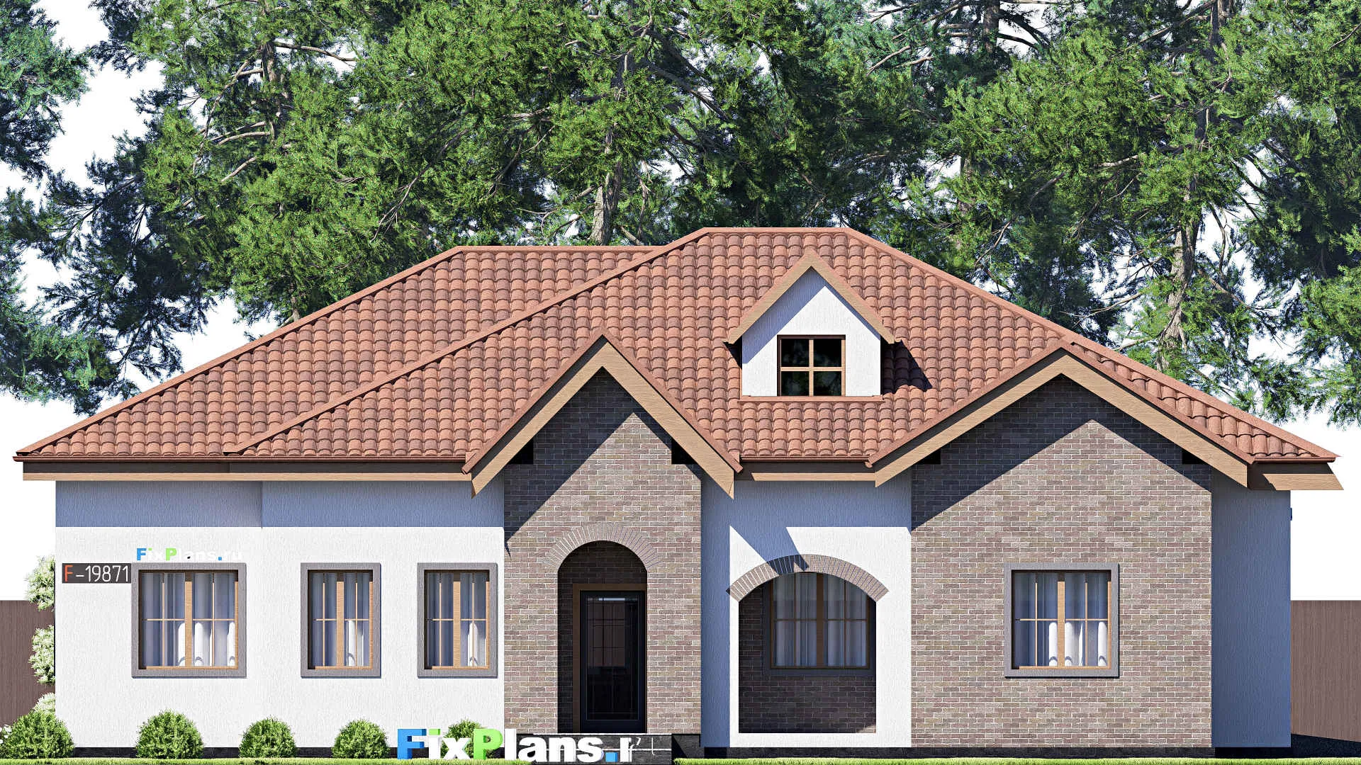 F-19871 - Проект одноэтажного дома 18 на 20, площадью 250 м² с террасой, гаражом на 2 машины и 3 спальнями