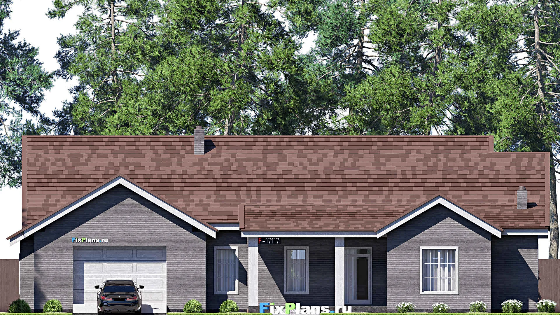 F-17117 - Проект одноэтажного дома 18 на 23, площадью 270 м² с террасой, гаражом на 2 машины и 4 спальнями