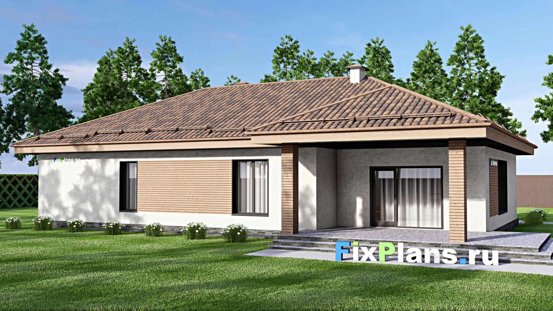 F-12572 - Проект одноэтажного дома 13 на 14, площадью 180 м² с террасой, гаражом на 2 машины и 2 спальнями