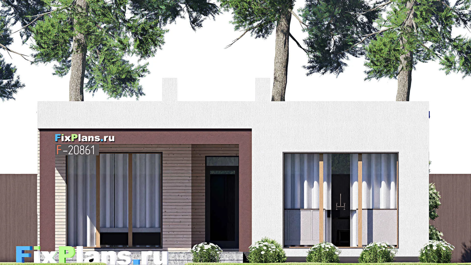 F-20861 - Проект одноэтажного дома 11 на 13, площадью 100 м² с террасой и 3 спальнями