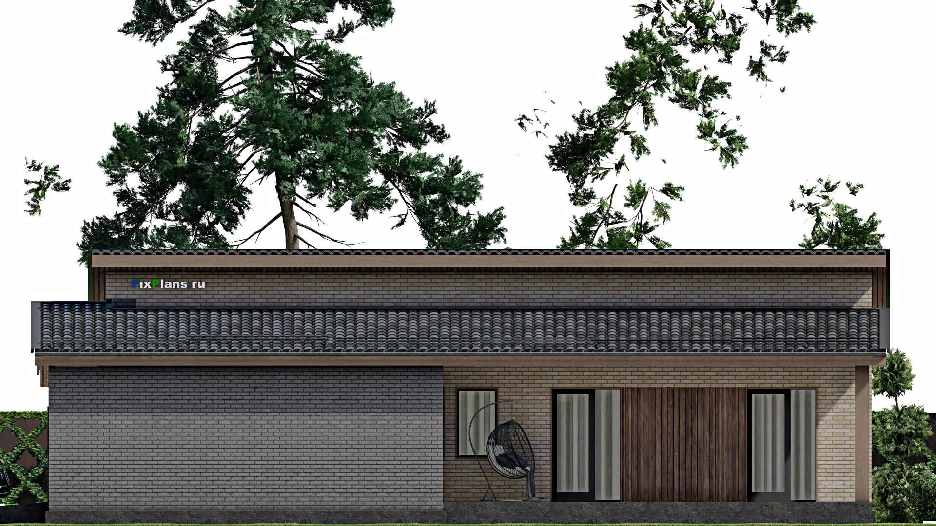 F-5696 - План одноэтажного дома 16 на 18, площадью 210 м² с террасой, гаражом на 1 машину и 3 спальнями