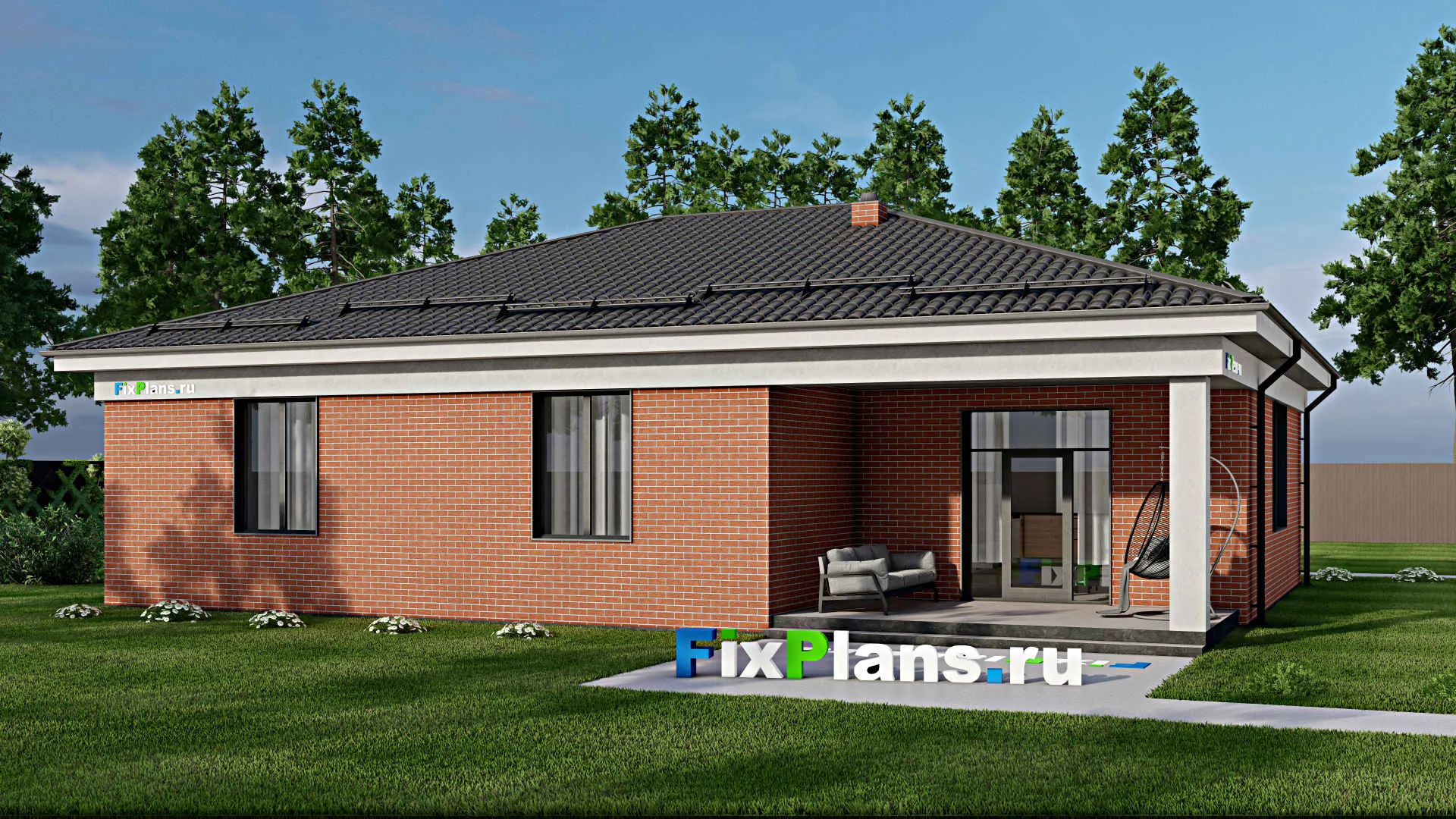 F-3464 - План одноэтажного дома 16 на 17, площадью 190 м² с террасой и 3 спальнями