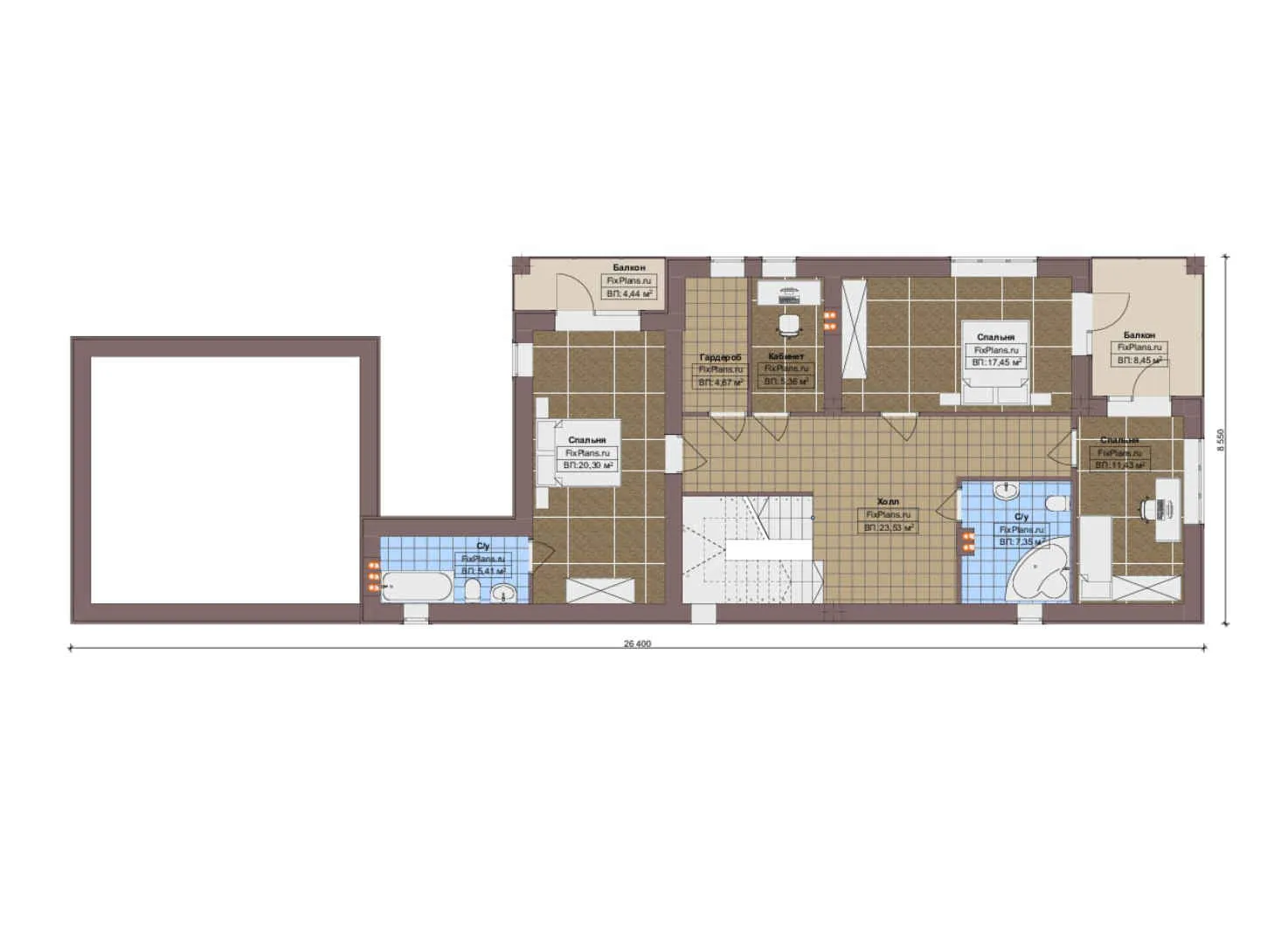 F-13805 - Планы двухэтажного дома 9 на 27, площадью 260 м² с террасой, балконом, баней и 4 спальнями