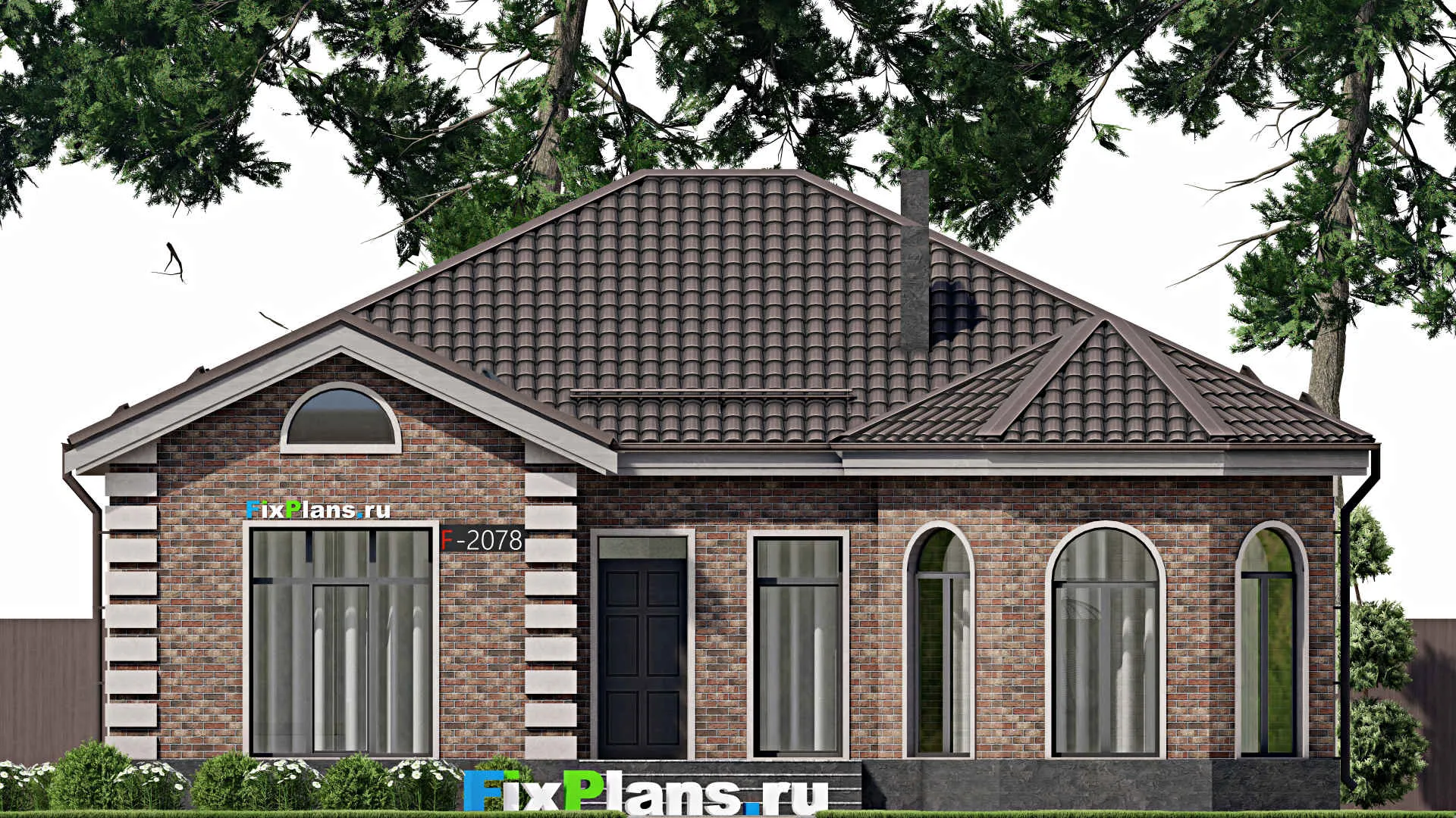 F-2078 - Проект одноэтажного дома 13 на 13, площадью 130 м² с террасой и 3 спальнями