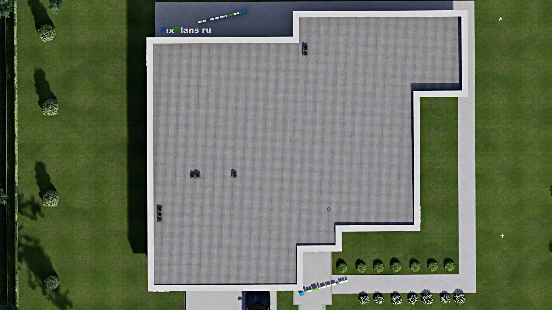 F-8333 - Проект одноэтажного дома 22 на 25, площадью 300 м² с террасой, баней, гаражом на 2 машины и 2 спальнями