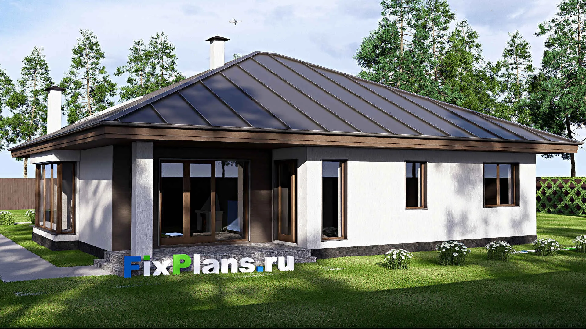 F-18224 - Проект одноэтажного дома 15 на 19, площадью 200 м² с террасой, гаражом на 2 машины и 3 спальнями