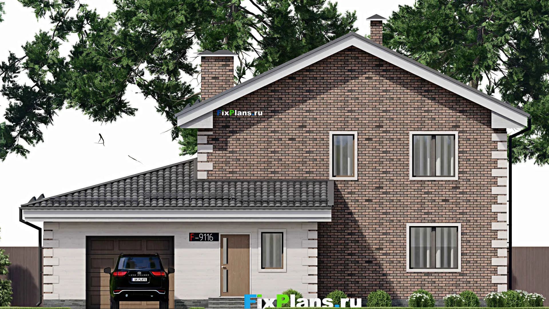 F-9116 - Проект двухэтажного дома 11 на 16, площадью 170 м² с гаражом на 2 машины и 4 спальнями