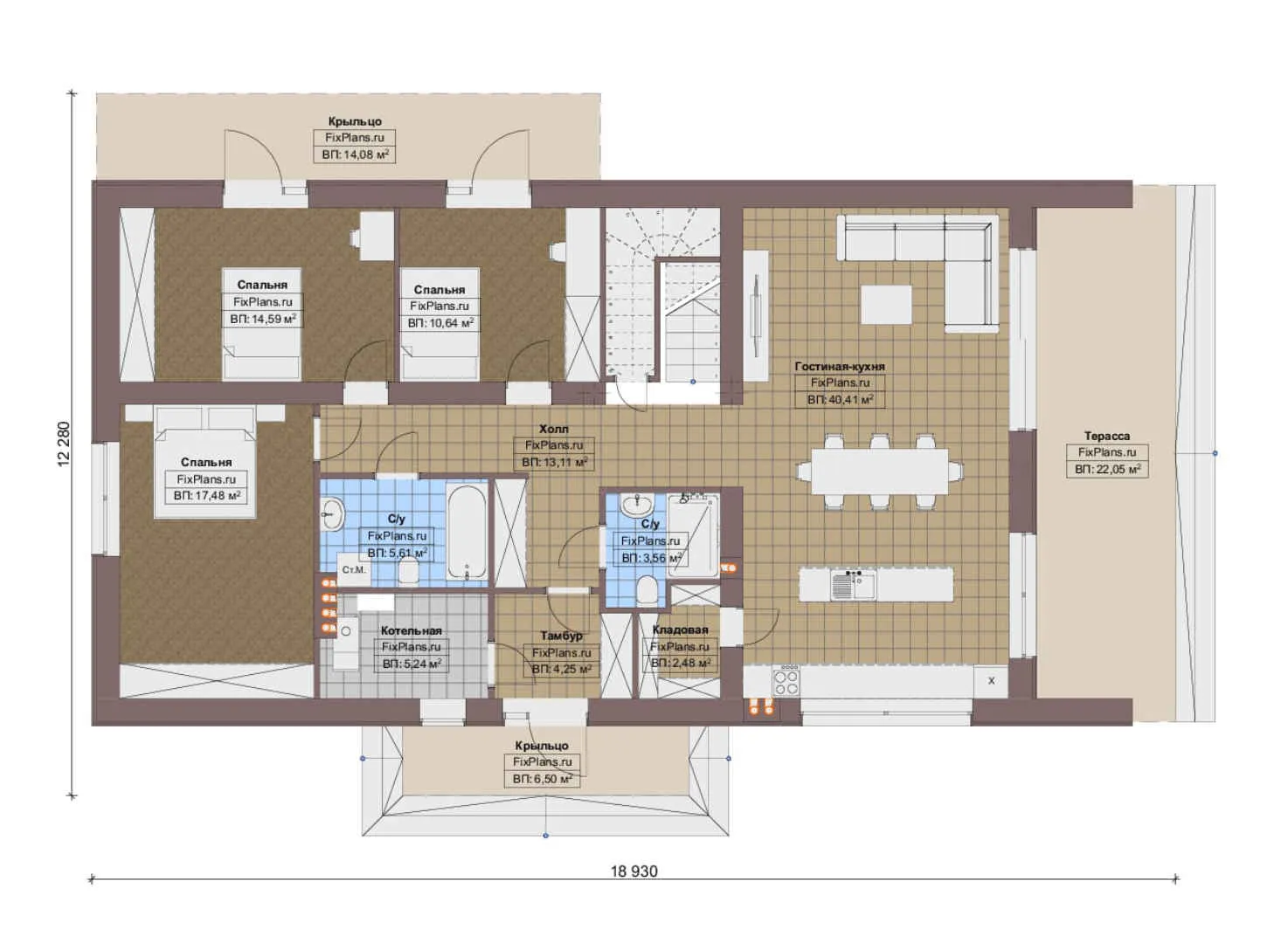 F-16550 - Планы дома с мансардой 13 на 19, площадью 250 м² с 3 спальнями