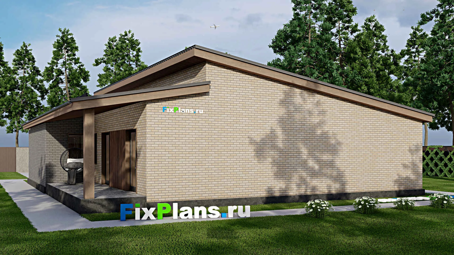 F-5696 - План одноэтажного дома 16 на 18, площадью 210 м² с террасой, гаражом на 1 машину и 3 спальнями