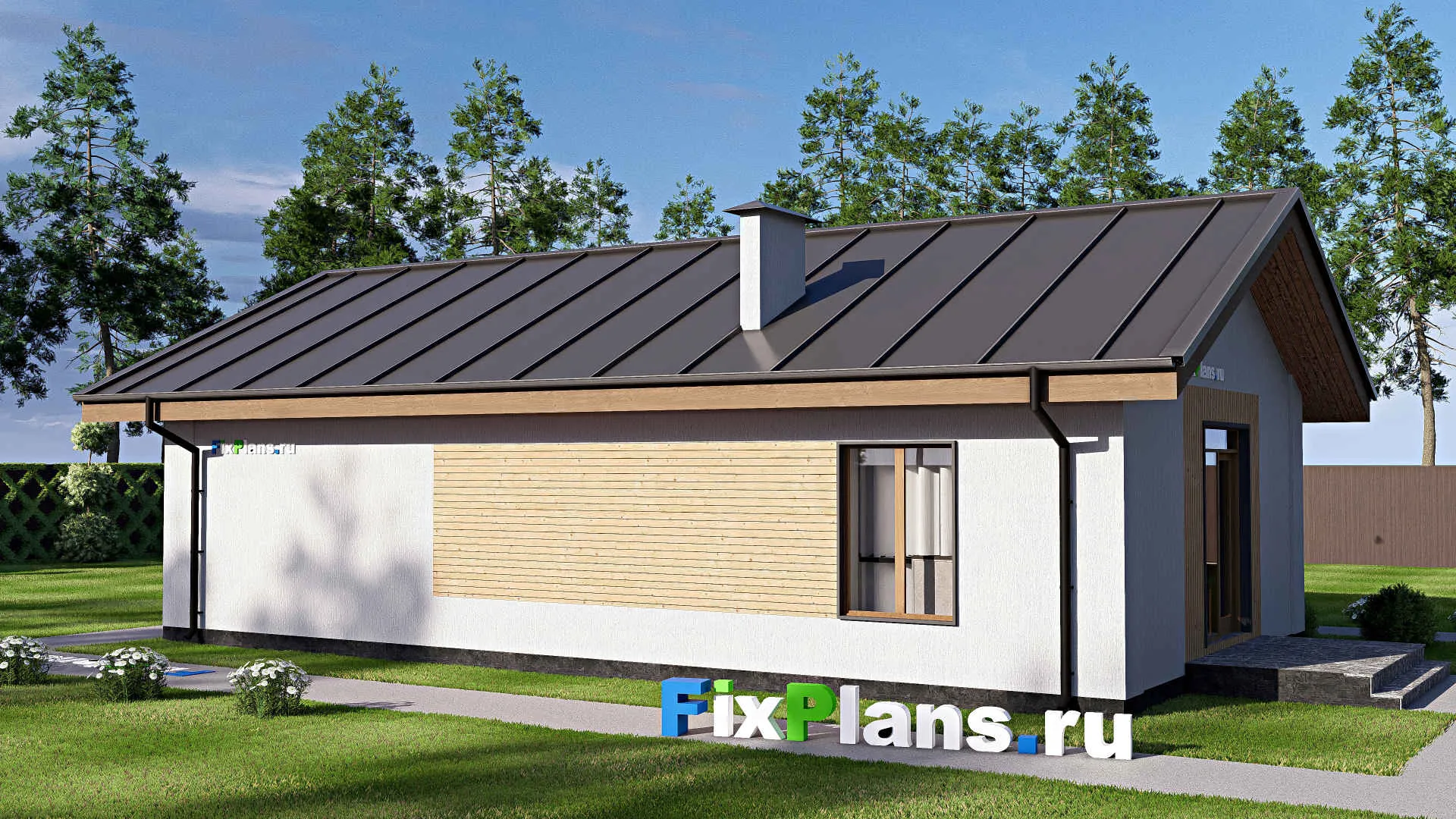 F-17936 - Проект одноэтажного дома 8 на 14, площадью 80 м² с террасой и 2 спальнями