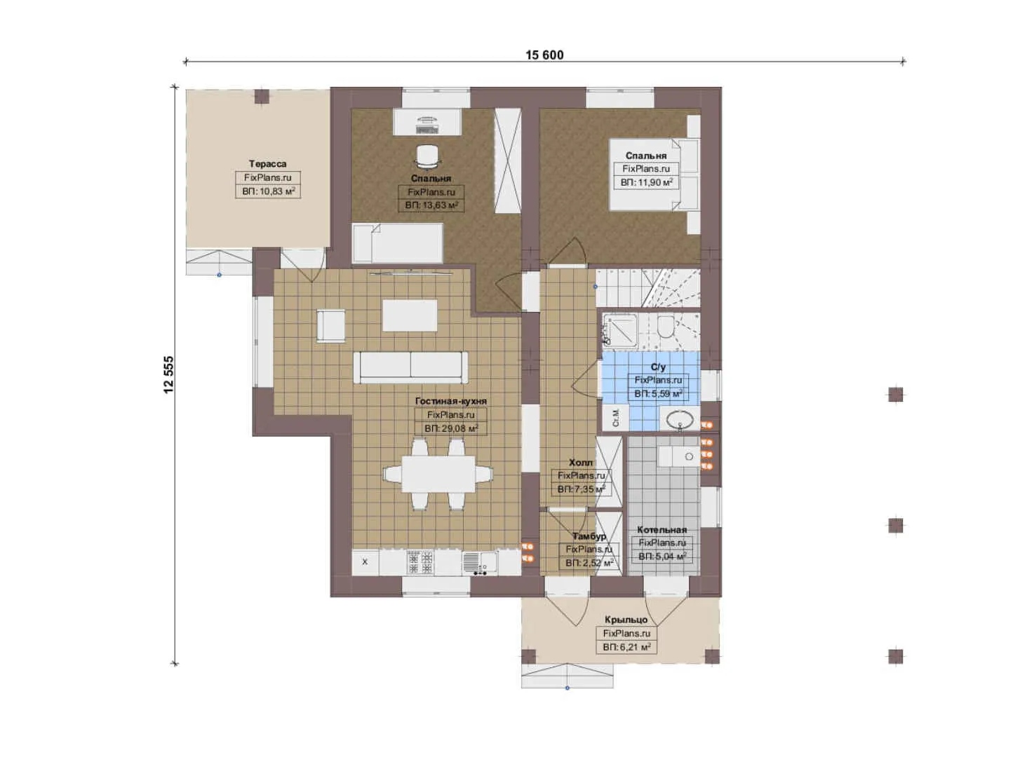 F-16784 - Планы дома с мансардой 13 на 16, площадью 170 м² с террасой и 6 спальнями