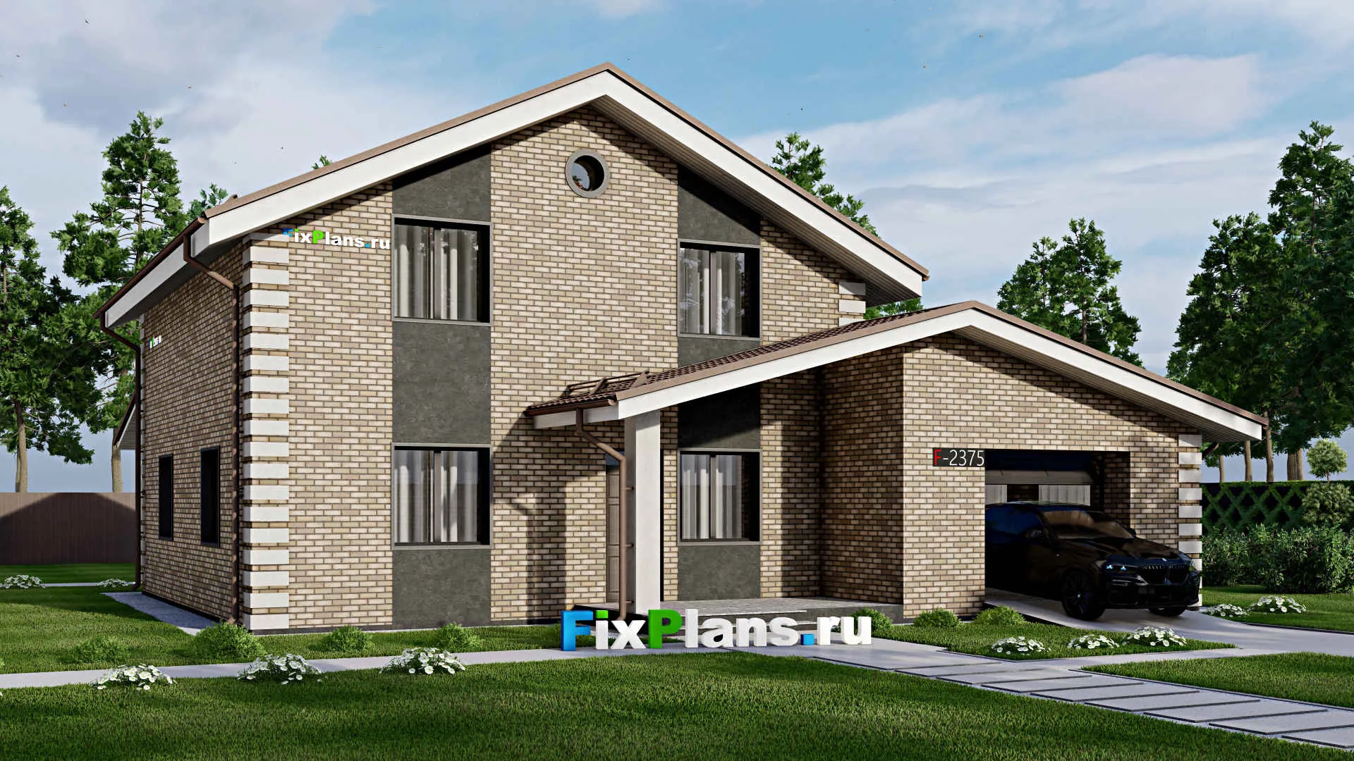 F-2375 - Проект дома с мансардой 14 на 16, площадью 240 м² с террасой, гаражом на 2 машины и 3 спальнями
