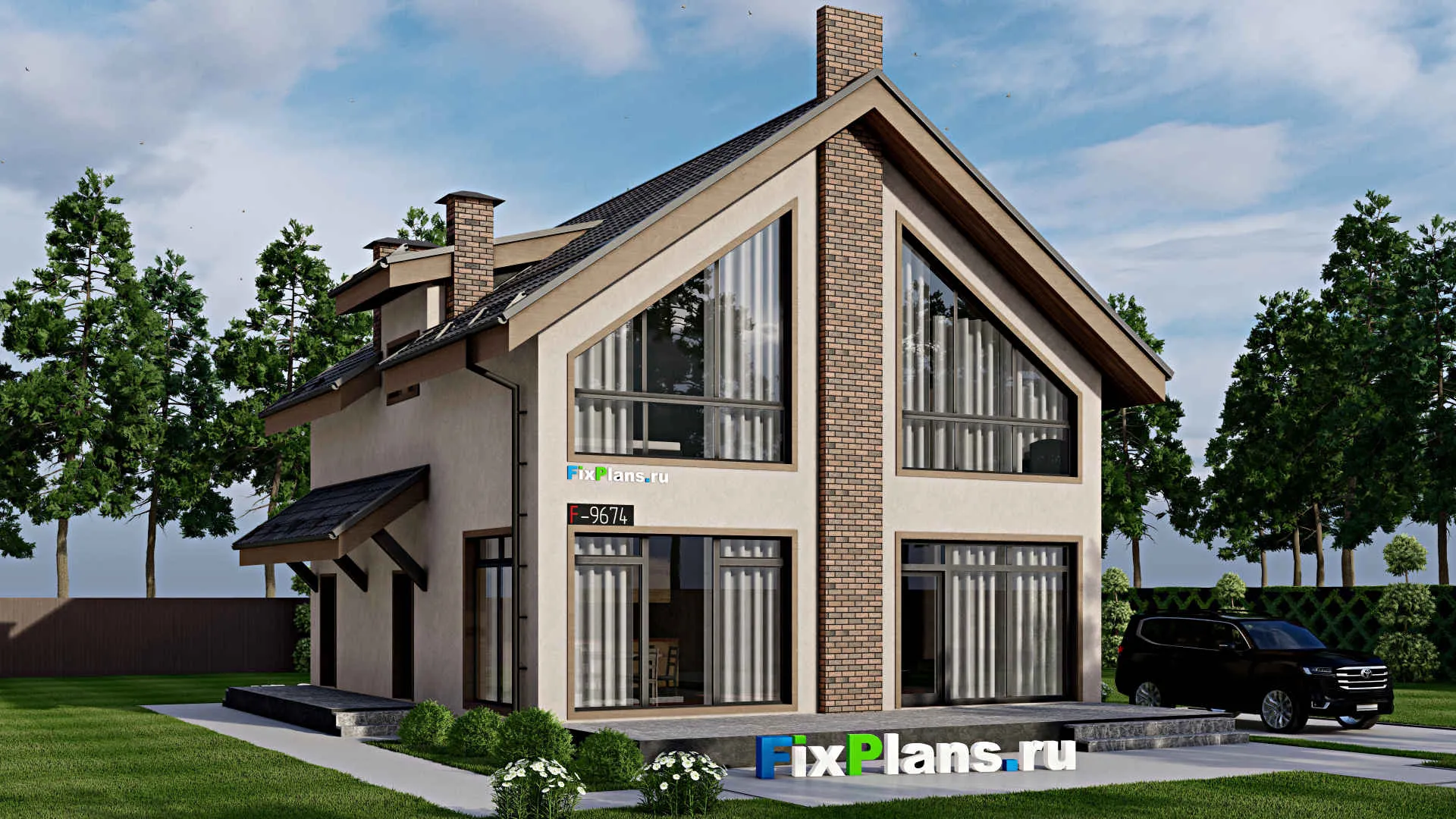 F-9674 - Проект дома с мансардой 12 на 15, площадью 230 м² с террасой, балконом и 4 спальнями