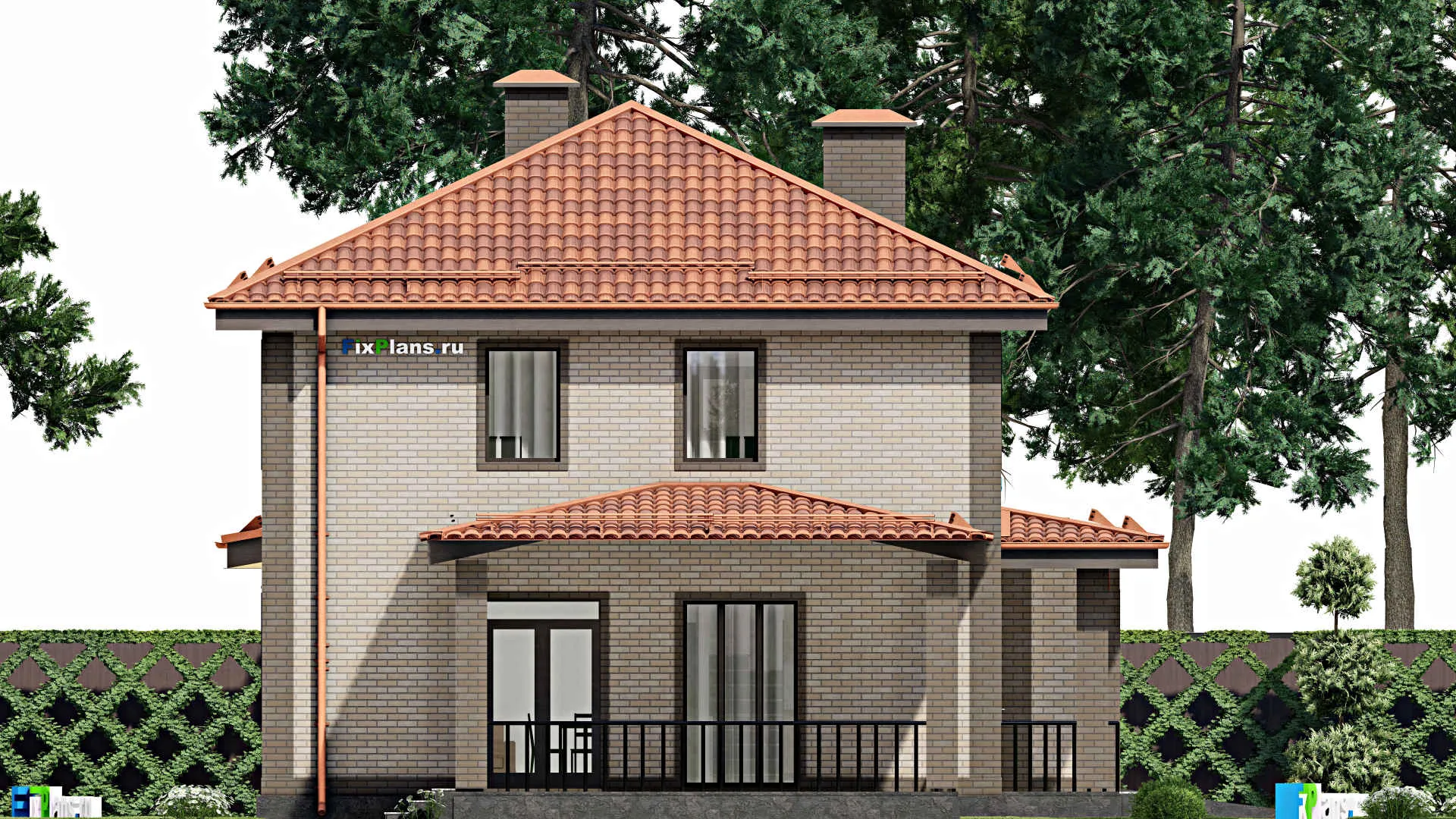 F-7397 - Проект двухэтажного дома 11 на 18, площадью 200 м² с террасой, гаражом на 1 машину и 3 спальнями