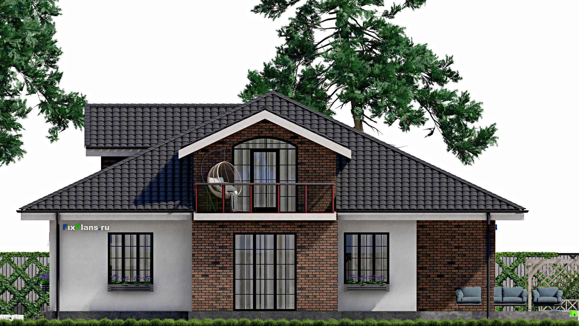 F-0413 - Проект дома с мансардой 15 на 17, площадью 250 м² с террасой, балконом, гаражом на 1 машину и 4 спальнями