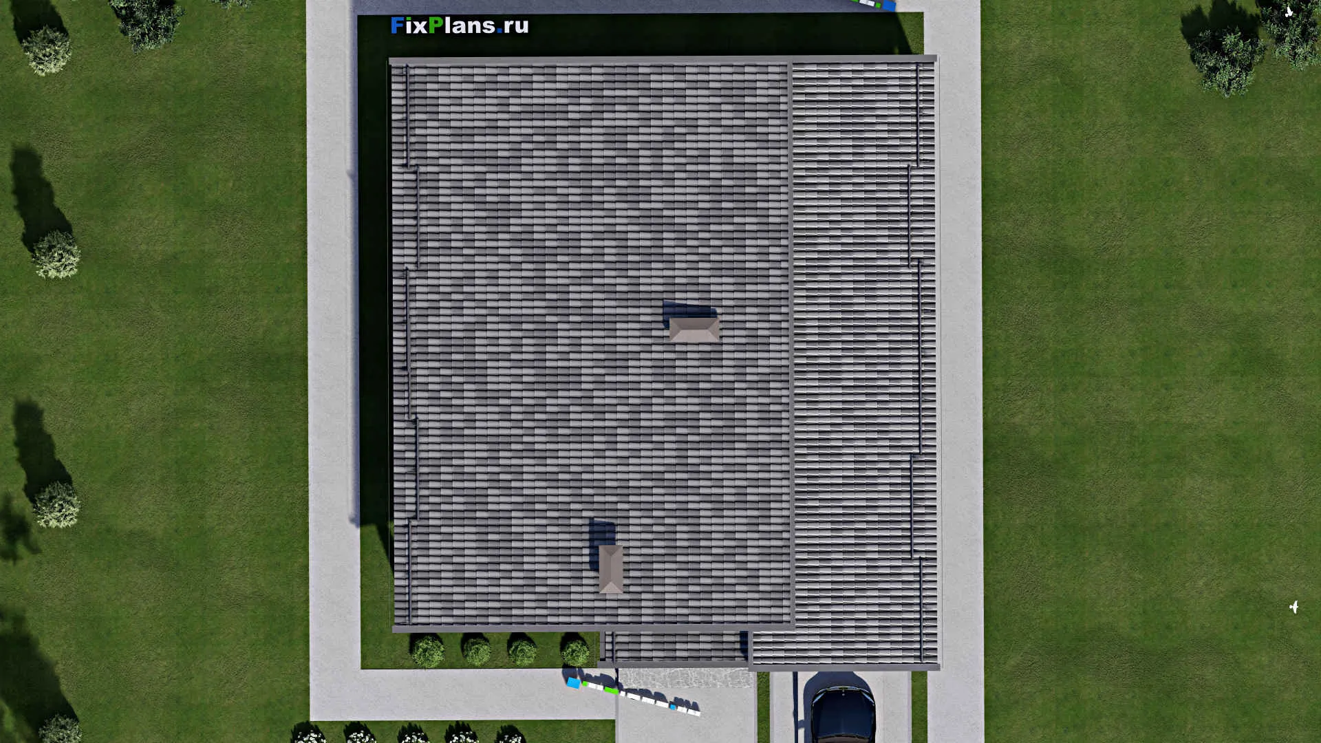 F-5696 - План одноэтажного дома 16 на 18, площадью 210 м² с террасой, гаражом на 1 машину и 3 спальнями