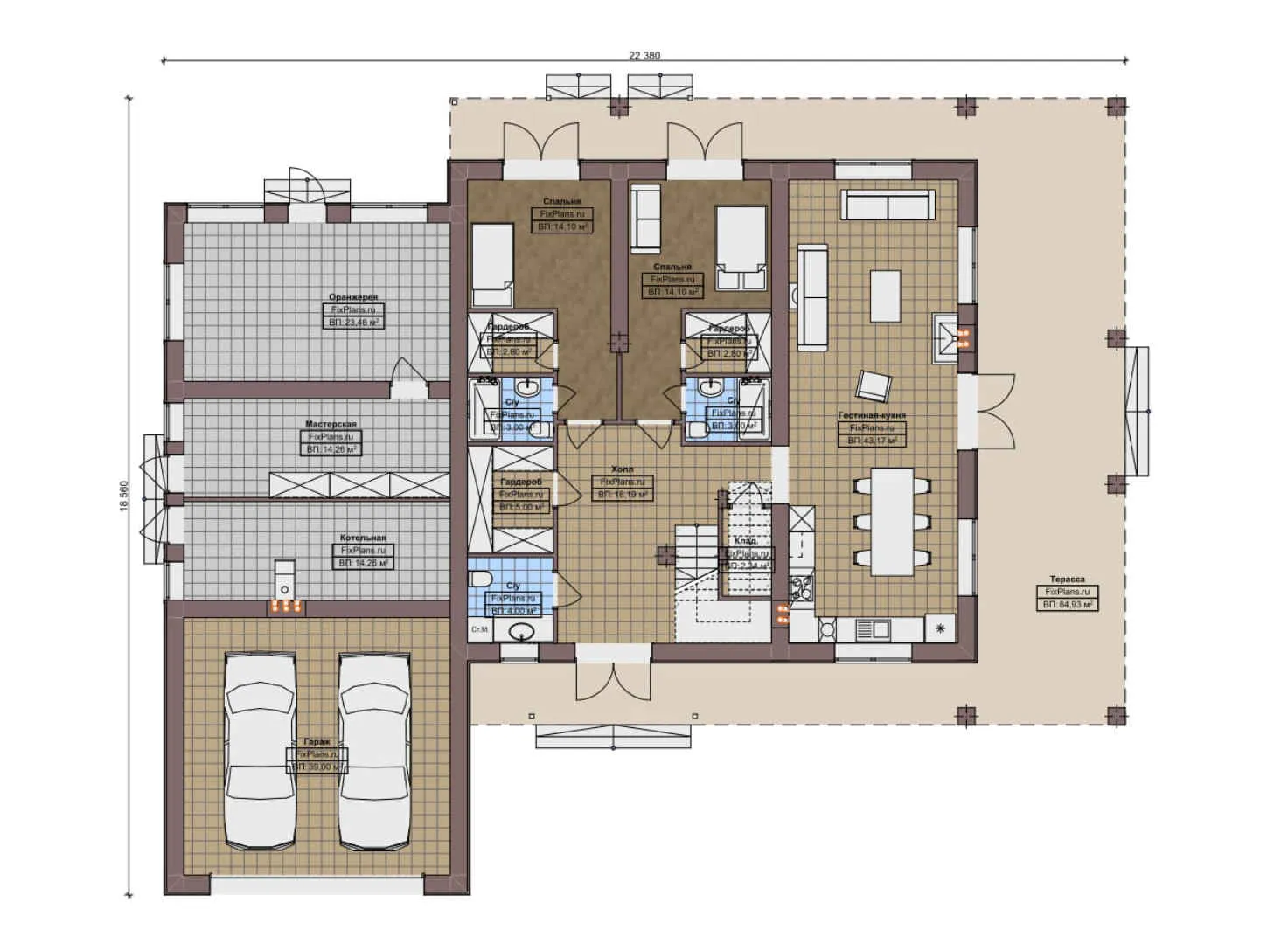 F-12158 - Планы дома с мансардой 19 на 23, площадью 400 м² с террасой, гаражом на 2 машины и 7 спальнями