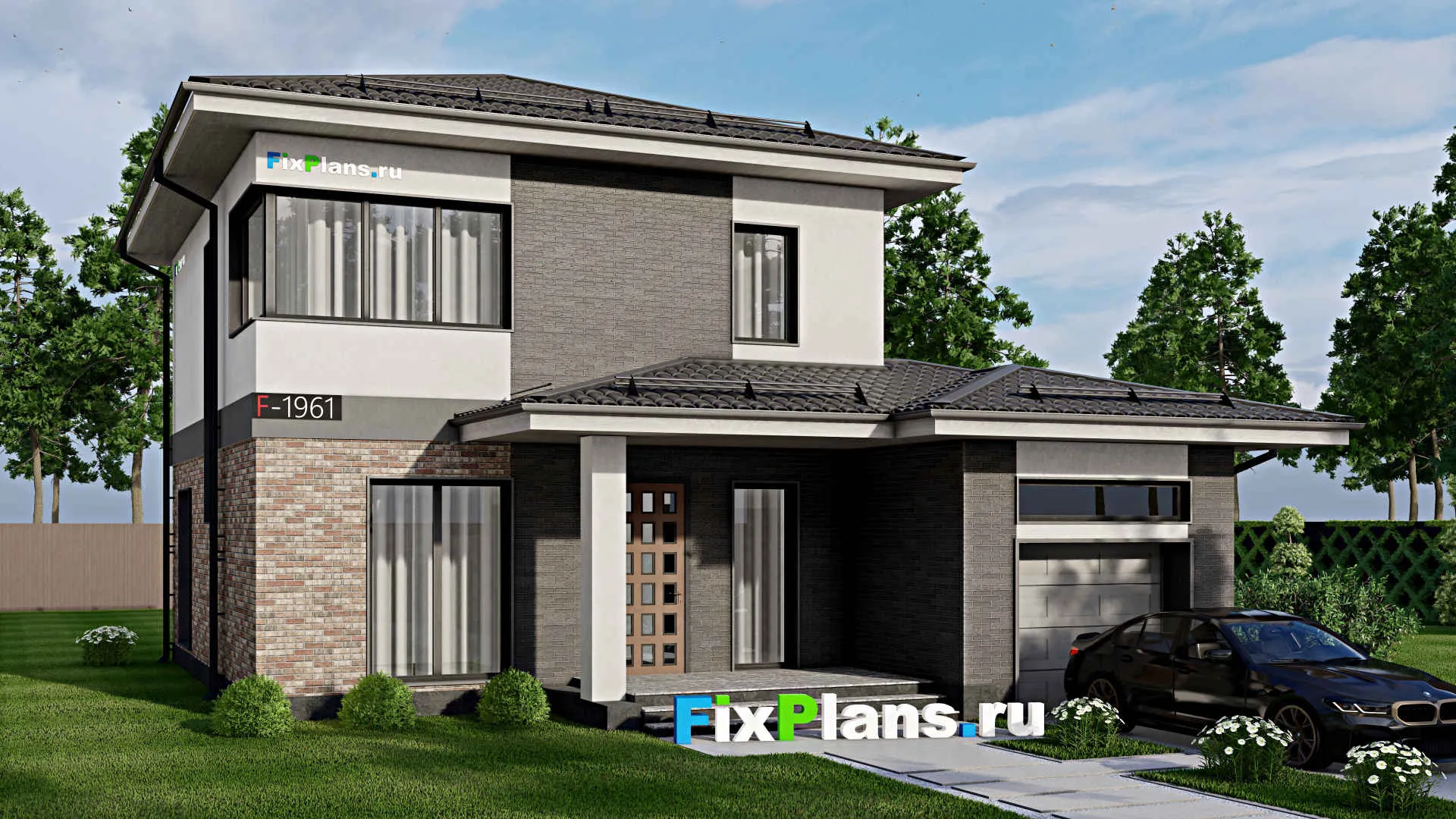 F-1961 - Проект двухэтажного дома 12 на 13, площадью 140 м² с гаражом на 1 машину и 2 спальнями