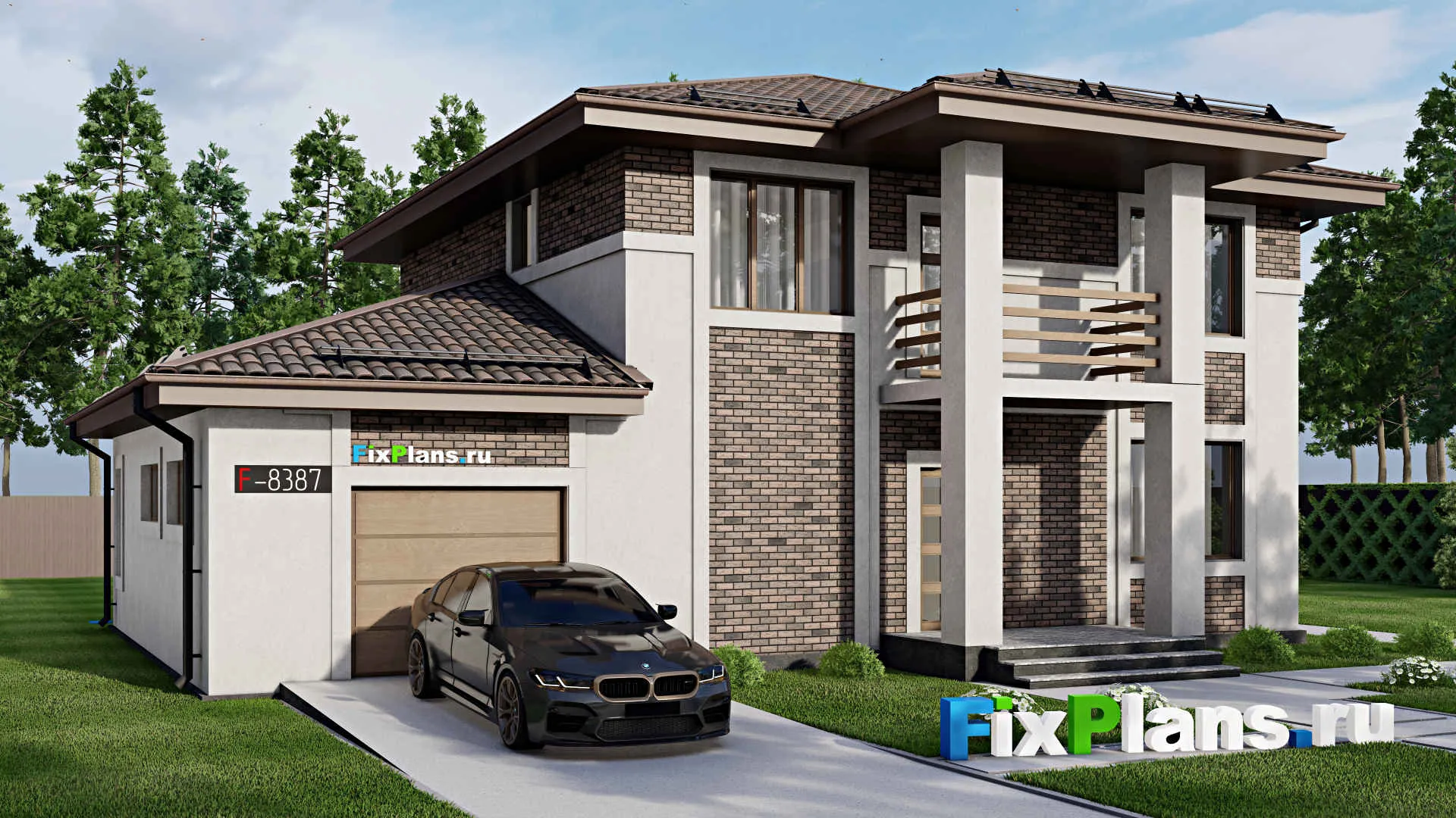 F-8387 - Проект двухэтажного дома 15 на 17, площадью 230 м² с террасой, балконом, гаражом на 1 машину и 3 спальнями