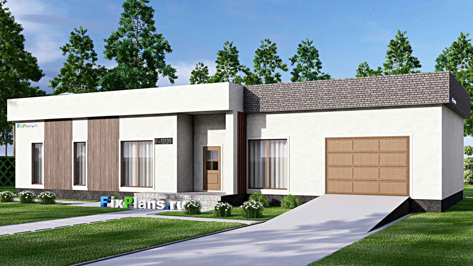 F-13139 - Проект одноэтажного дома 15 на 23, площадью 220 м² с террасой, гаражом на 2 машины и 2 спальнями