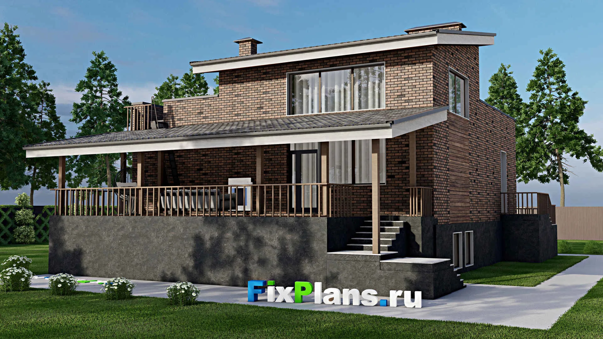 F-9593 - Проект одноэтажного дома 14 на 18, площадью 280 м² с цокольным этажом, гаражом на 2 машины и 3 спальнями