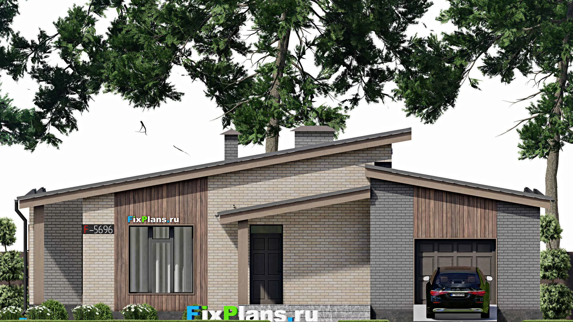 F-5696 - План одноэтажного дома 16 на 18, площадью 210 м² с террасой, гаражом на 1 машину и 3 спальнями