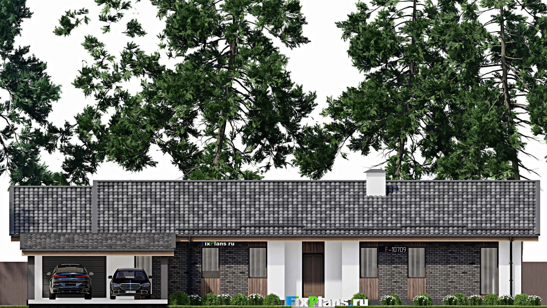 F-10709 - Проект одноэтажного дома 18 на 23, площадью 230 м² с террасой, гаражом на 1 машину и 3 спальнями