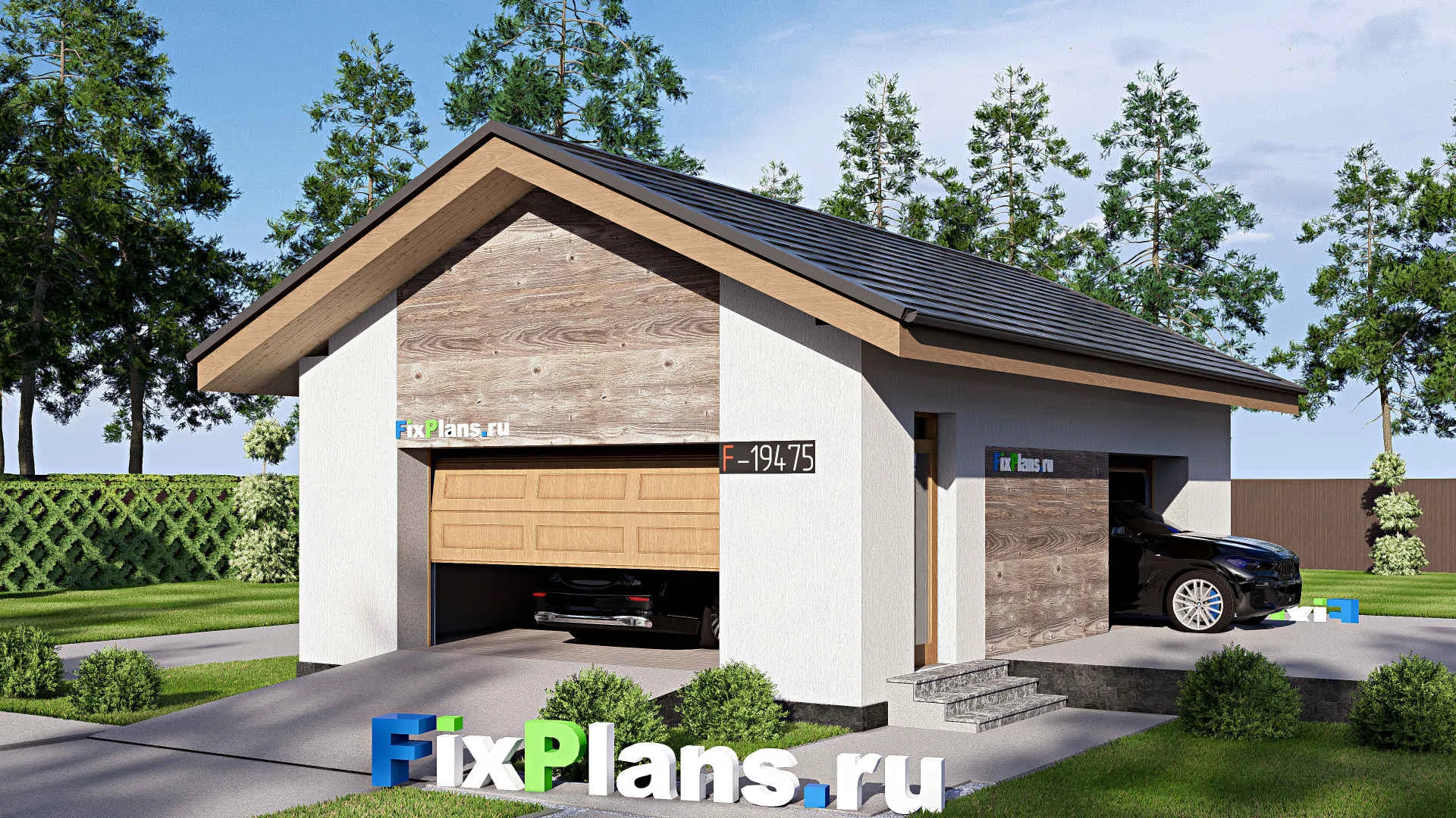 F-19475 - Проект гаража из газобетона 7 на 11, площадью 60 м² на 2 машиноместа