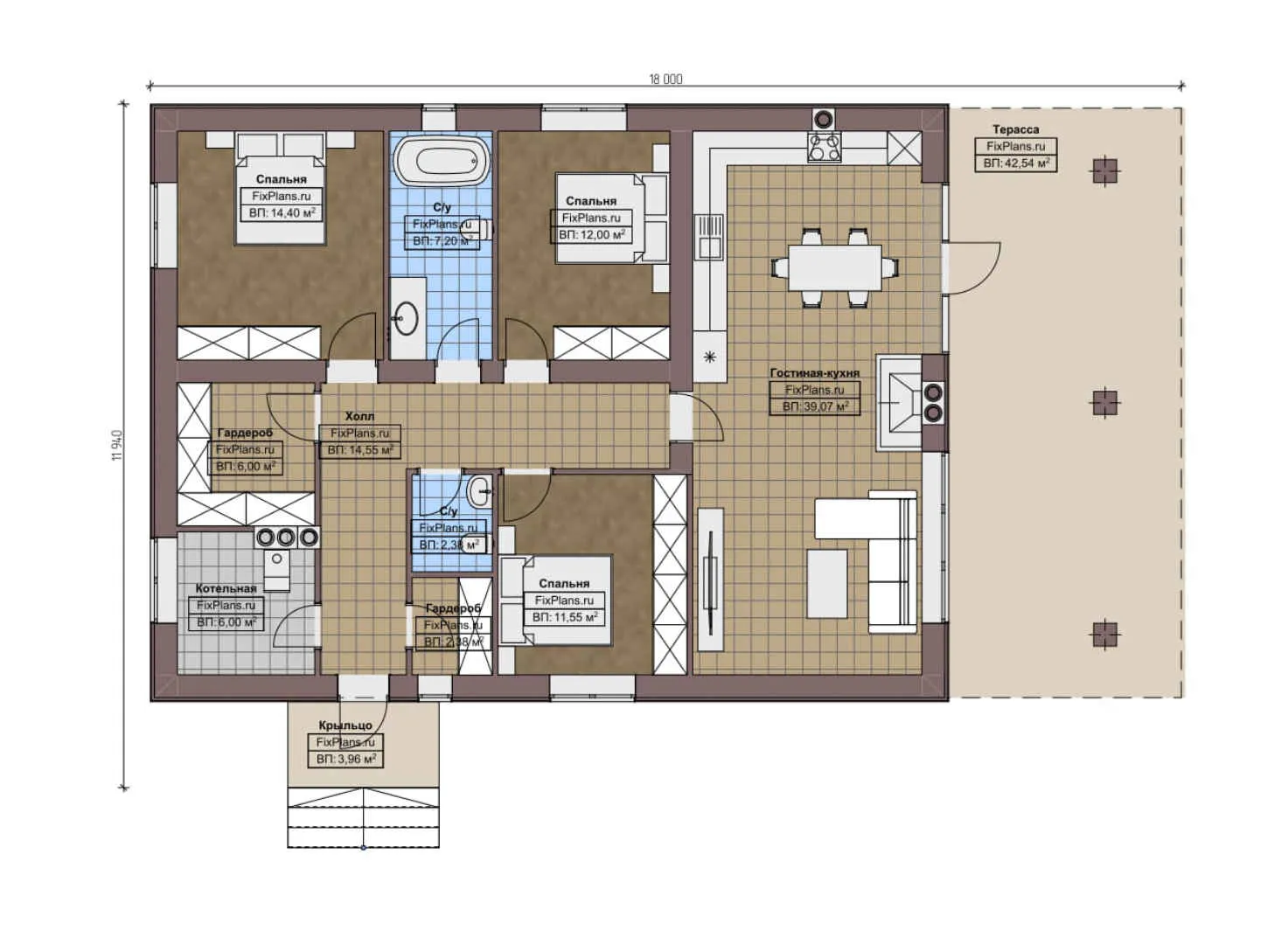 F-3725 - План одноэтажного дома 11 на 14, площадью 170 м² с террасой и 3 спальнями