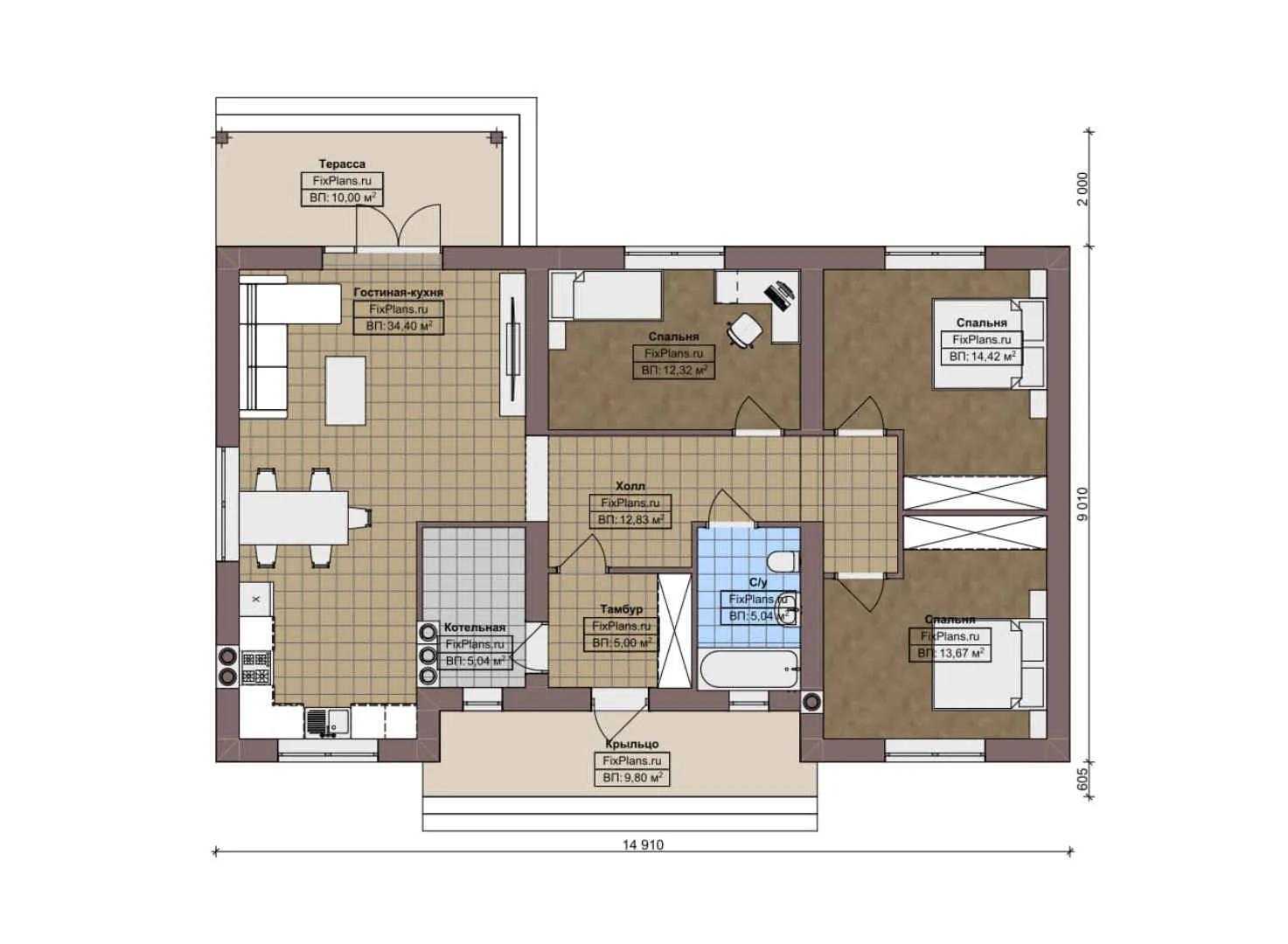 F-7901 - План одноэтажного дома 10 на 15, площадью 130 м² с террасой и 3 спальнями