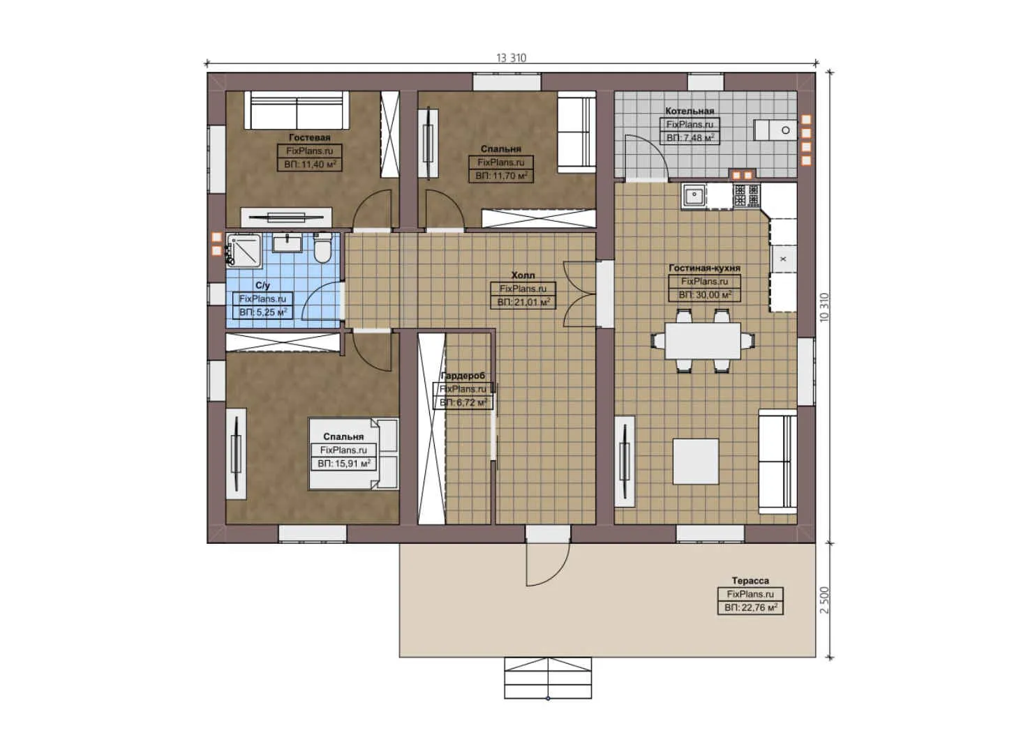 F-4337 - План одноэтажного дома 11 на 14, площадью 140 м² с террасой и 2 спальнями
