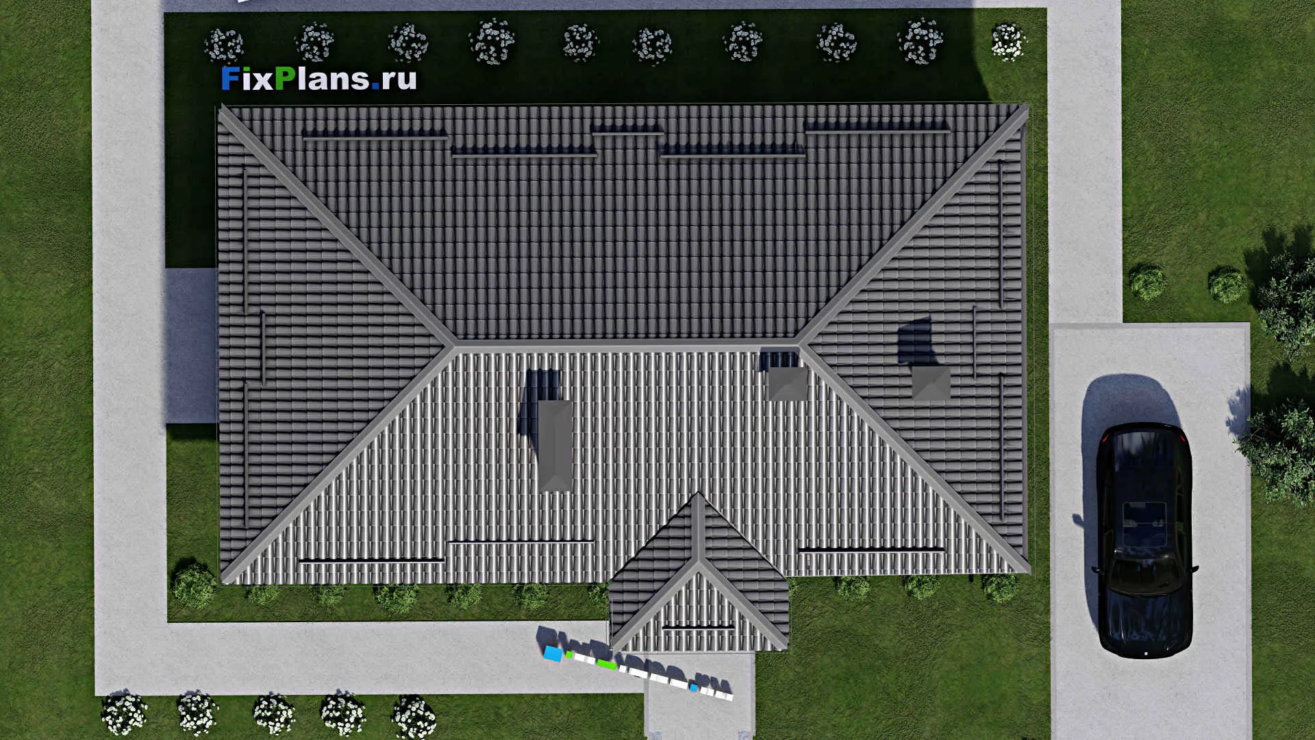F-5552 - План одноэтажного дома 9 на 14, площадью 110 м² с террасой и 3 спальнями