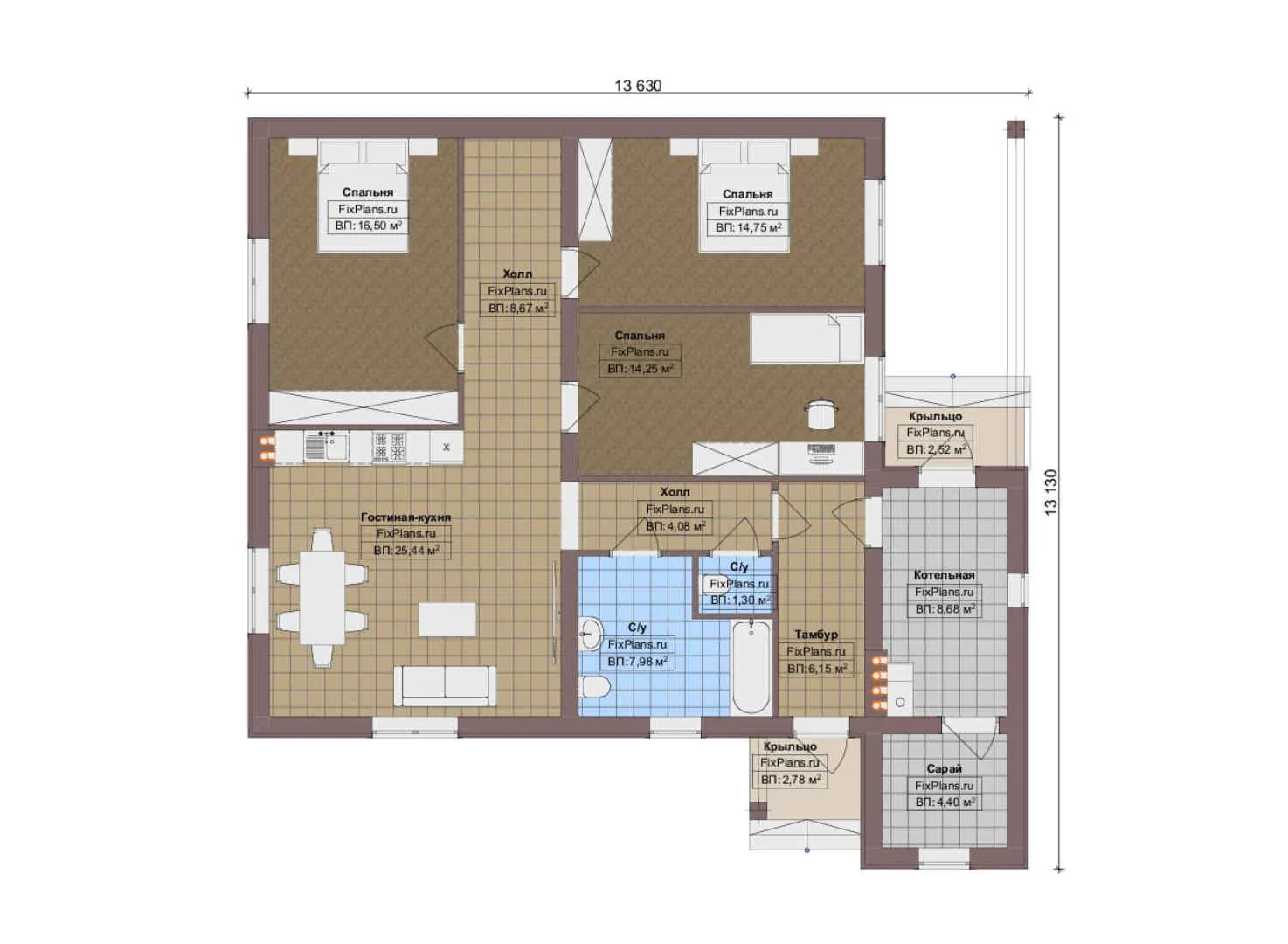 F-12482 - План одноэтажного дома 14 на 14, площадью 120 м² с 3 спальнями