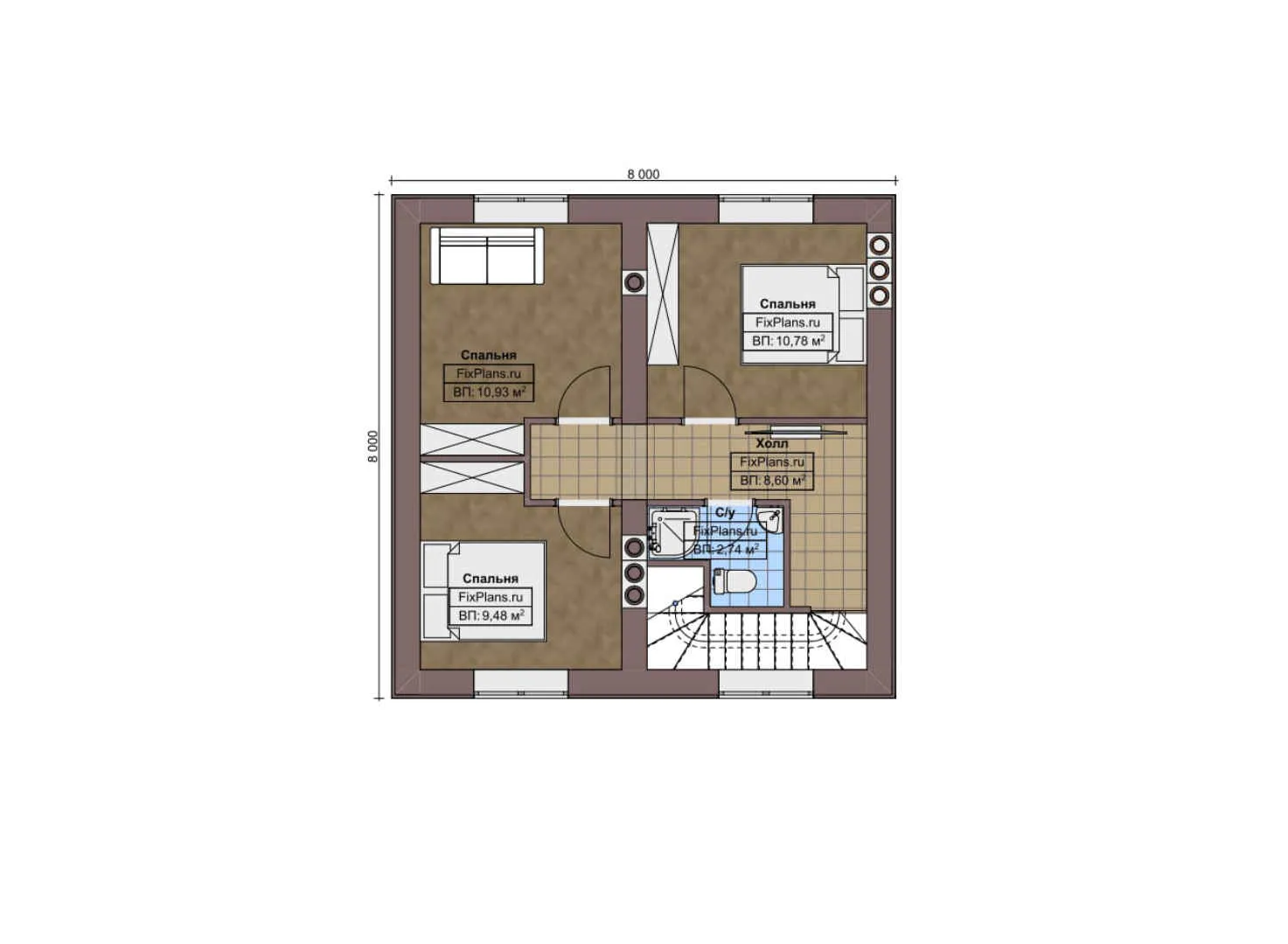 F-7577 - Планы дома с мансардой 8 на 10, площадью 90 м² с 3 спальнями