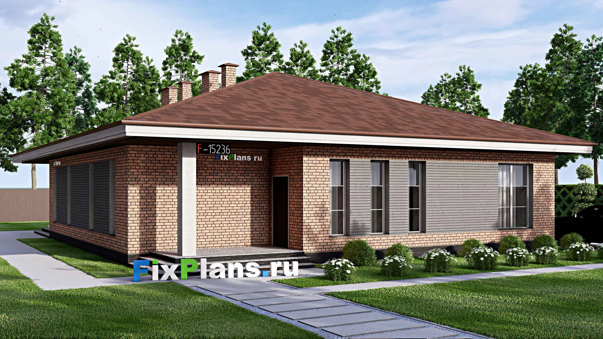 F-15236 - Проект одноэтажного дома 15 на 19, площадью 210 м² с террасой и 4 спальнями