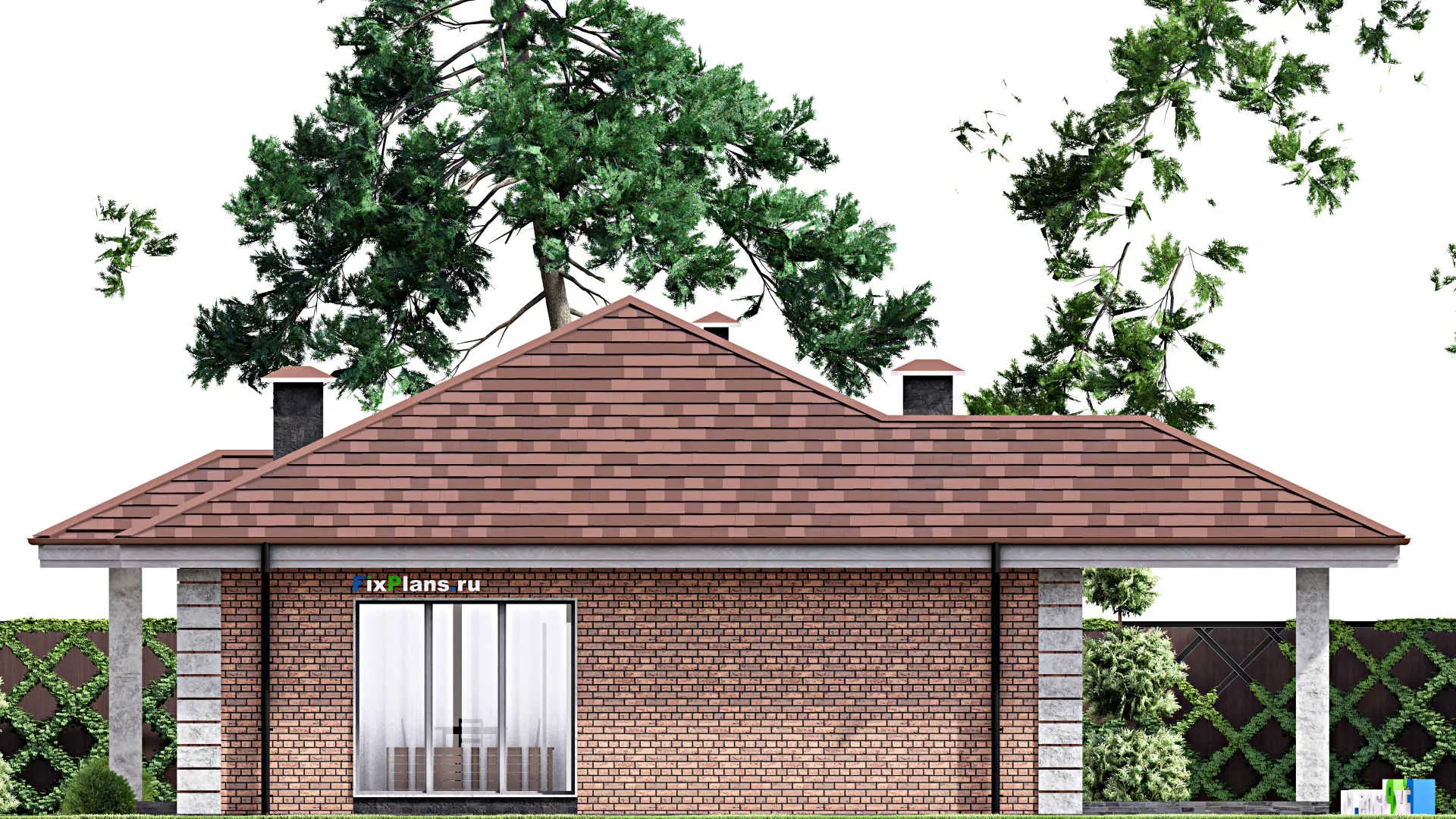 F-14174 - Проект одноэтажного дома 15 на 16, площадью 150 м² с террасой и 3 спальнями