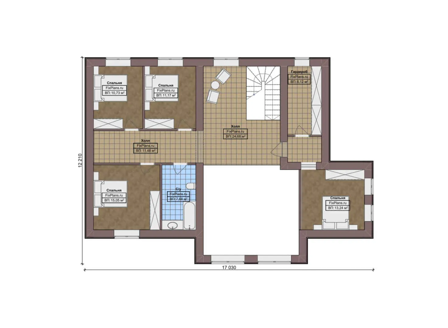 F-8792 - Планы дома с мансардой 17 на 22, площадью 310 м² с террасой, гаражом на 1 машину и 6 спальнями