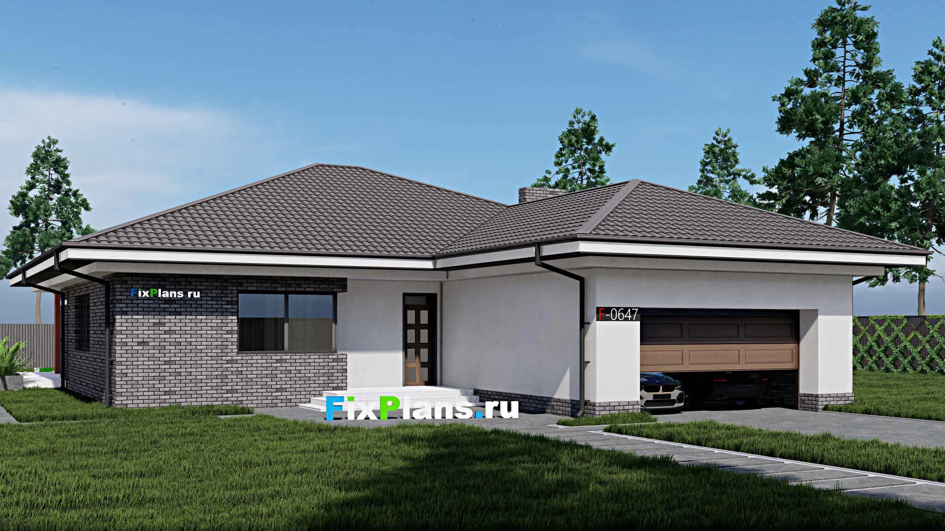 F-0647 - Проект одноэтажного дома 16 на 21, площадью 230 м² с террасой, гаражом на 2 машины и 3 спальнями