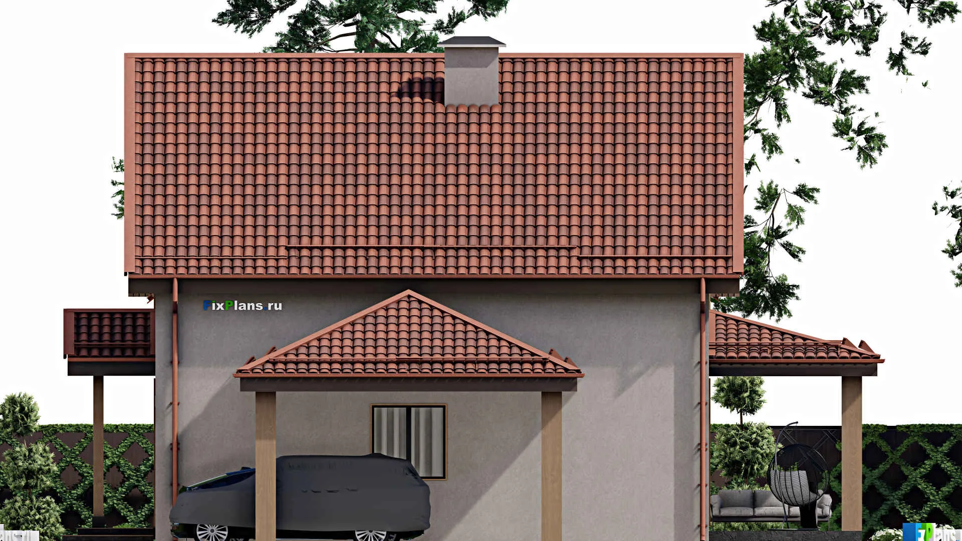 F-8252 - Проект дома с мансардой 11 на 11, площадью 250 м² с террасой, навесом для машины и 5 спальнями