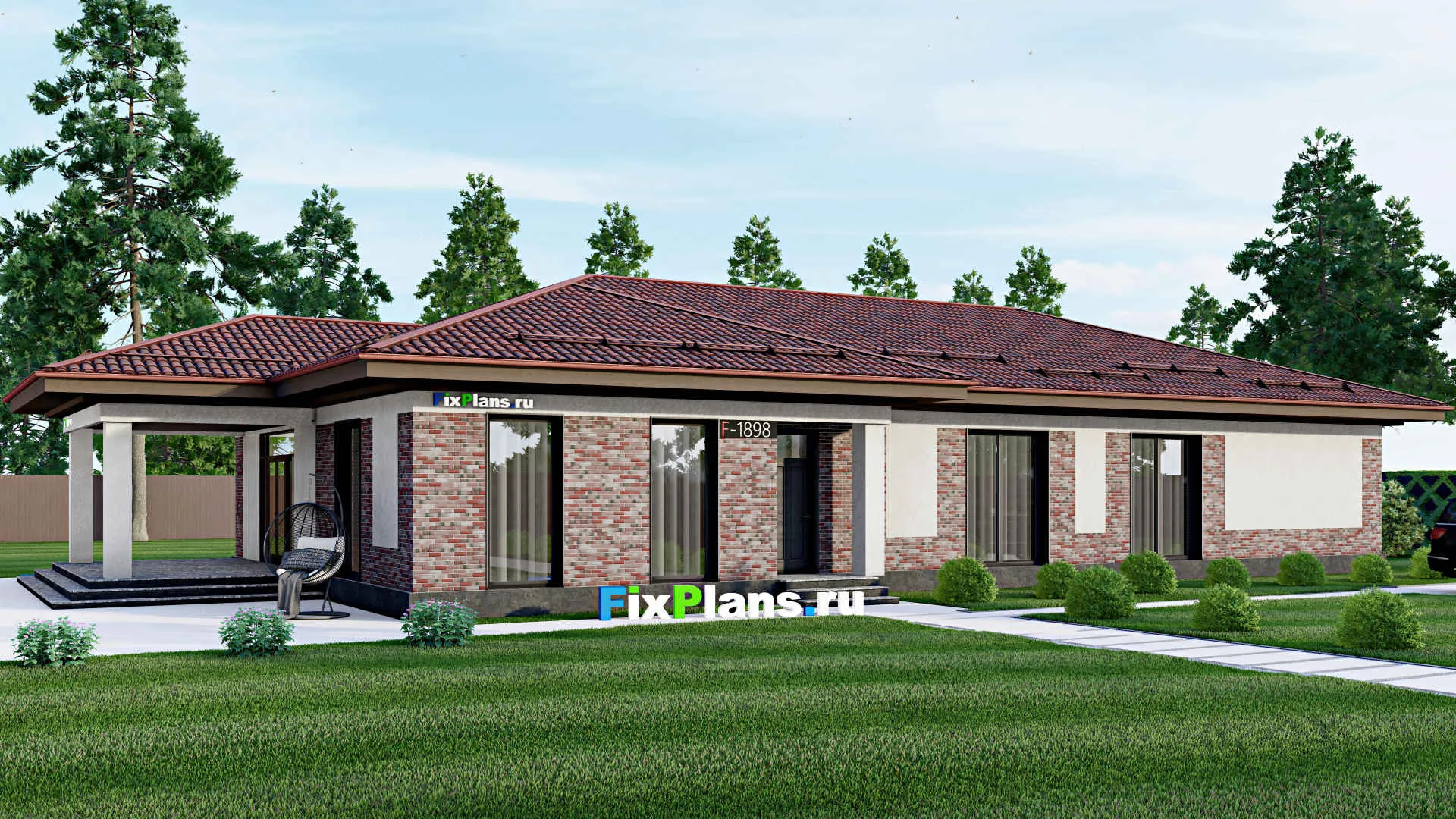 F-1898 - Проект одноэтажного дома 13 на 24, площадью 250 м² с террасой и 4 спальнями