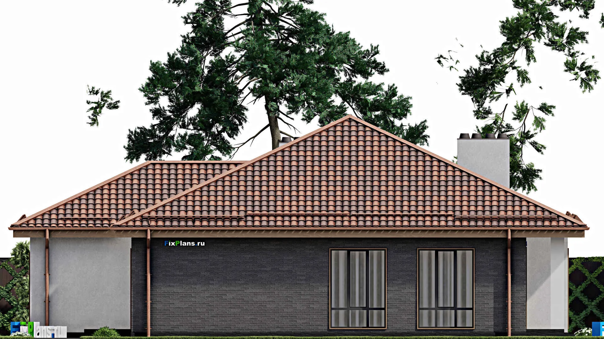 F-8009 - Проект одноэтажного дома 14 на 16, площадью 170 м² с террасой, гаражом на 2 машины и 2 спальнями