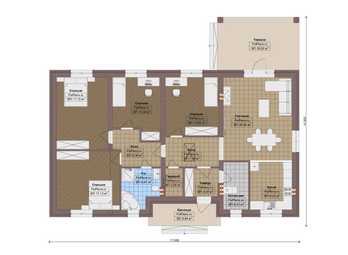 F-13913 - План одноэтажного дома 15 на 17, площадью 160 м² с террасой и 4 спальнями