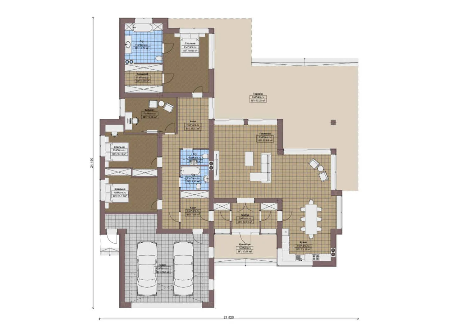 F-15740 - План одноэтажного дома 22 на 25, площадью 360 м² с террасой, гаражом на 2 машины и 3 спальнями