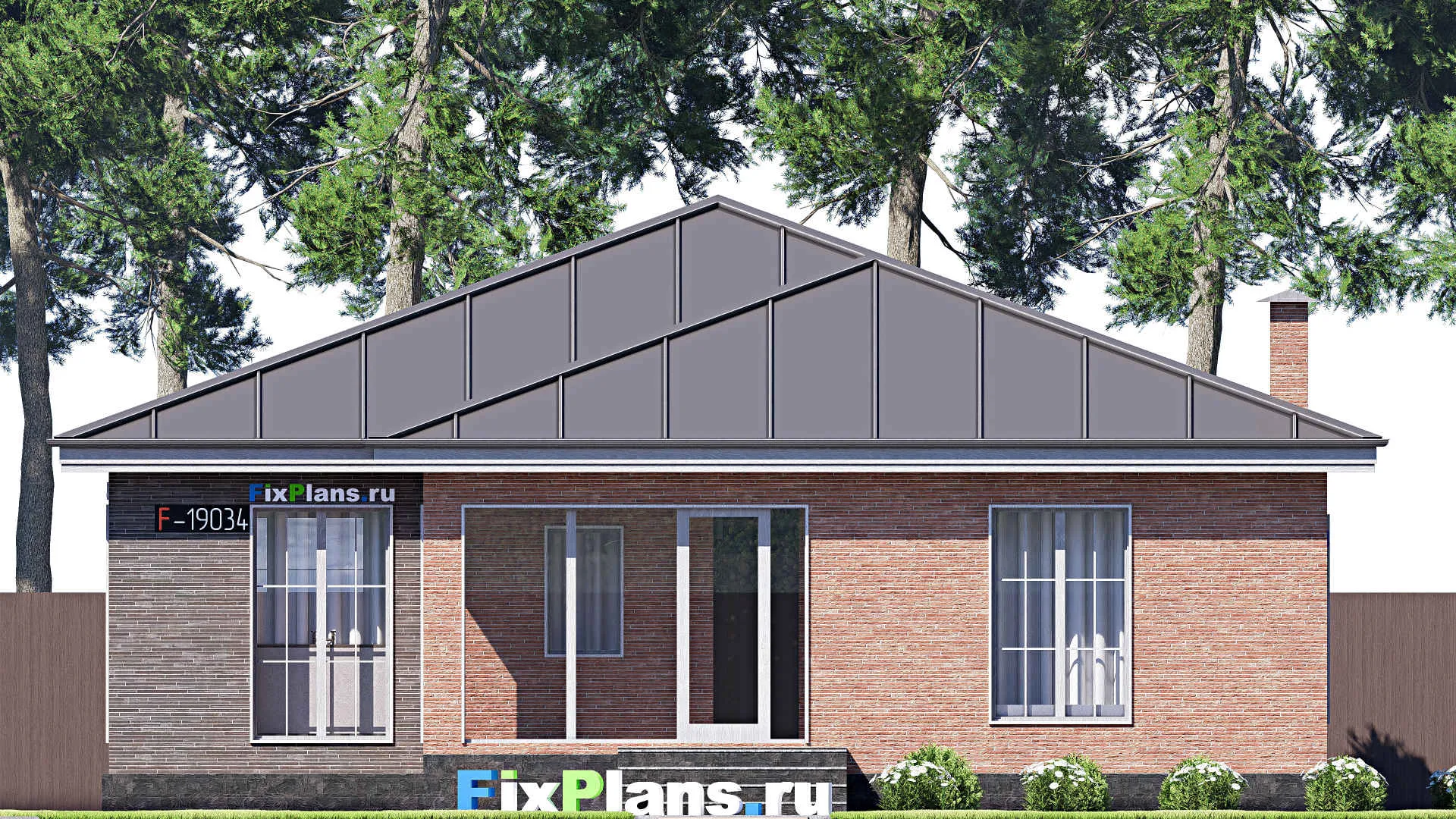 F-19034 - Проект одноэтажного дома 13 на 19, площадью 190 м² с террасой и 4 спальнями